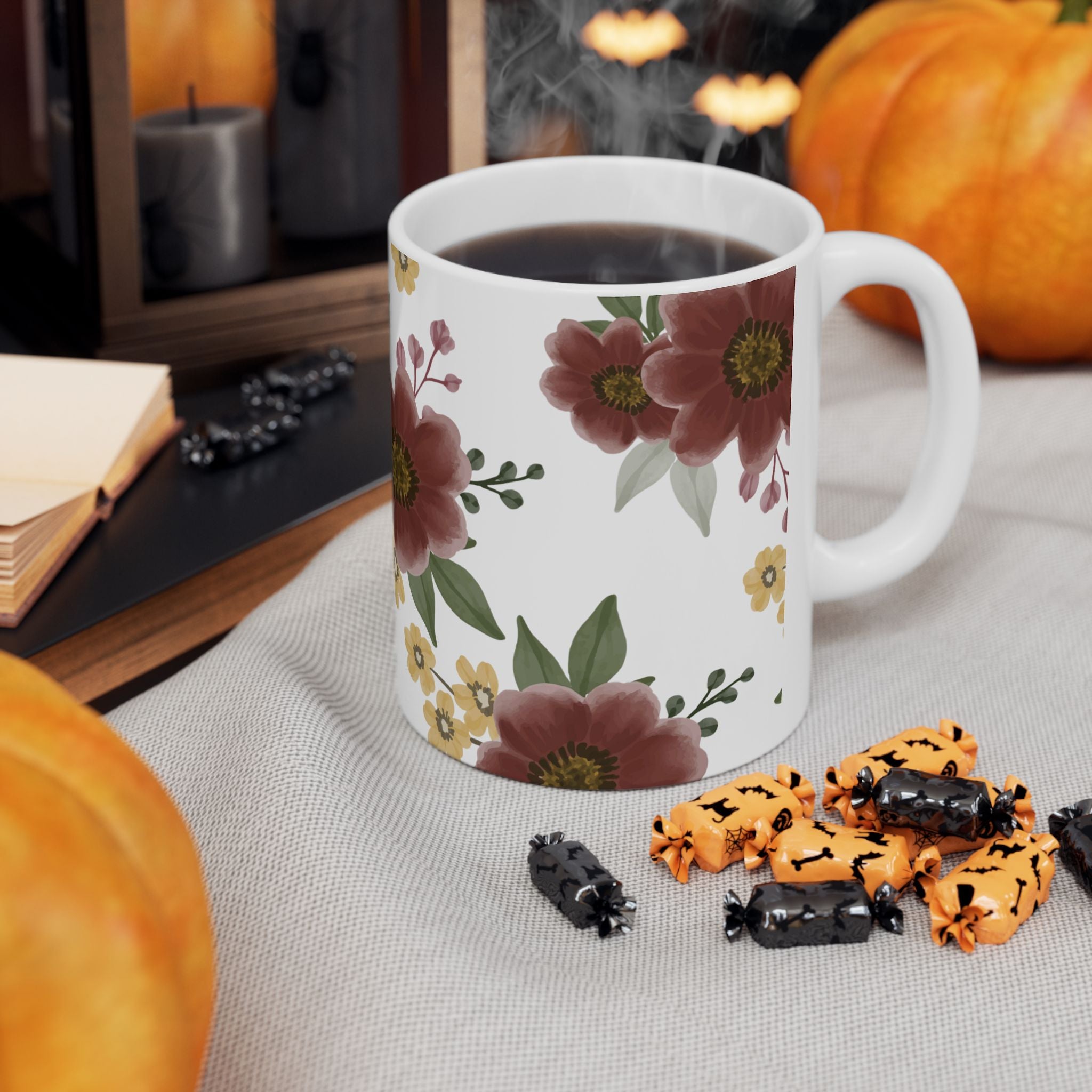 Floral Ceramic Mug – Burgundy & Mustard Wildflower Pattern (11oz & 15oz)