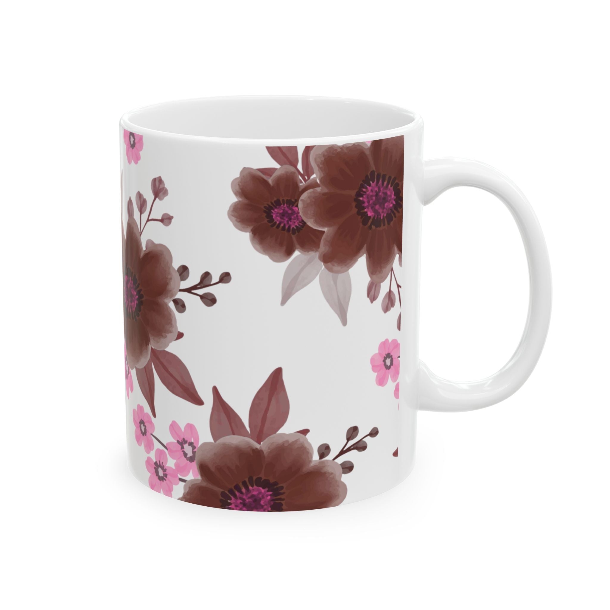 Floral Ceramic Mug — Pink & Brown Vintage Flower Coffee Cup (11oz, 15oz)