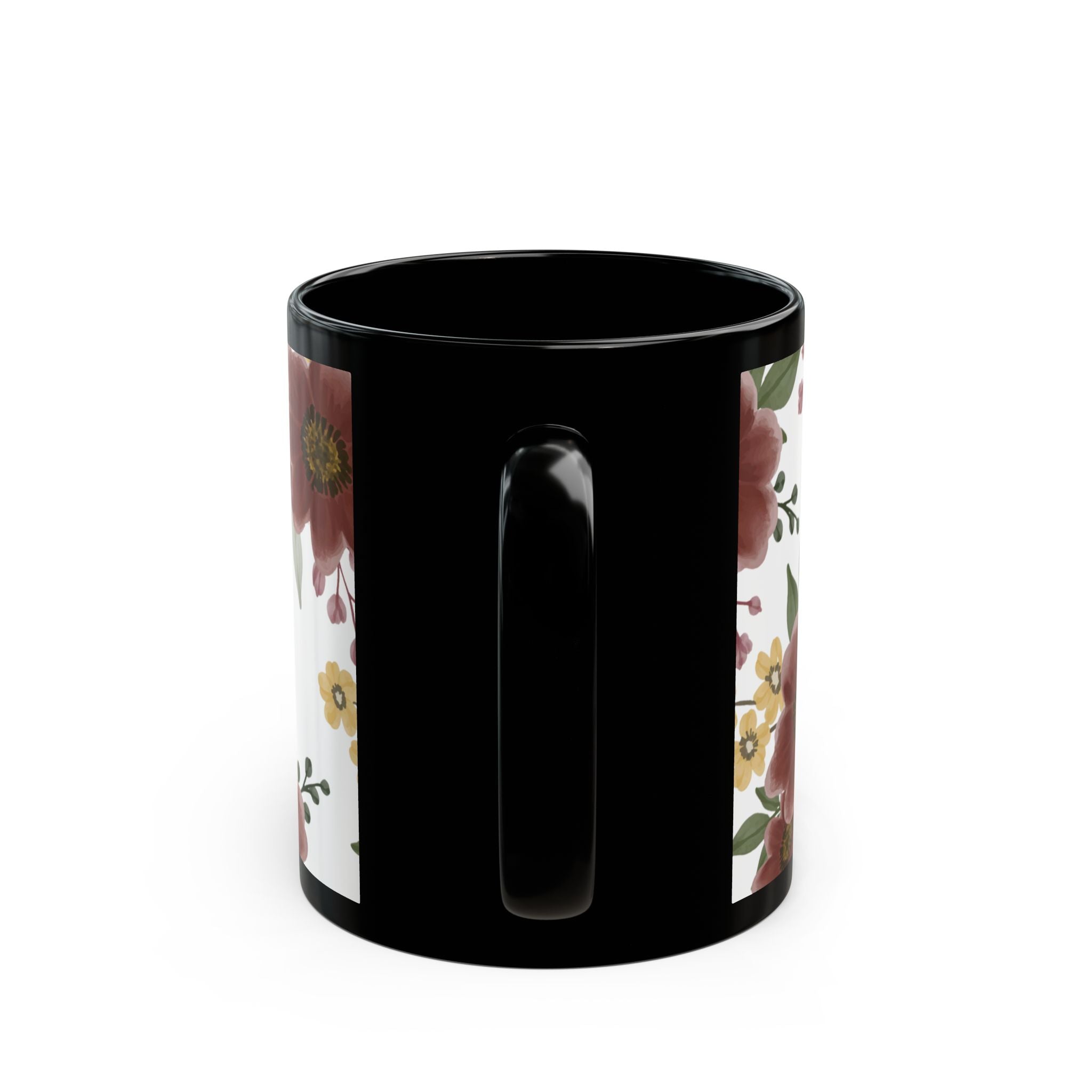Floral Pattern Black Mug – Pink & Yellow Garden Flowers (11oz/15oz)