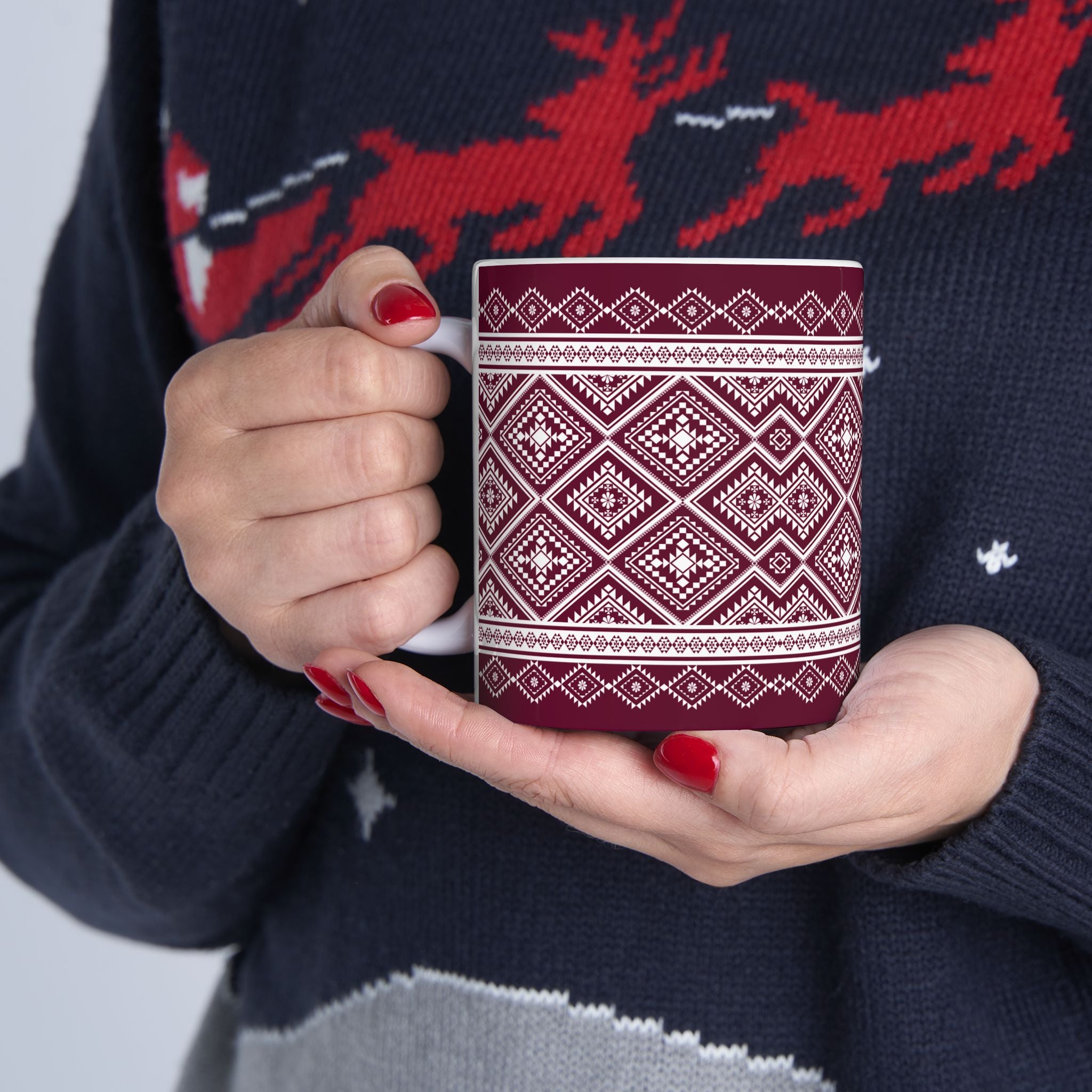 Maroon Nordic Pattern Ceramic Mug — Cozy Scandinavian Knit Design (11oz & 15oz)