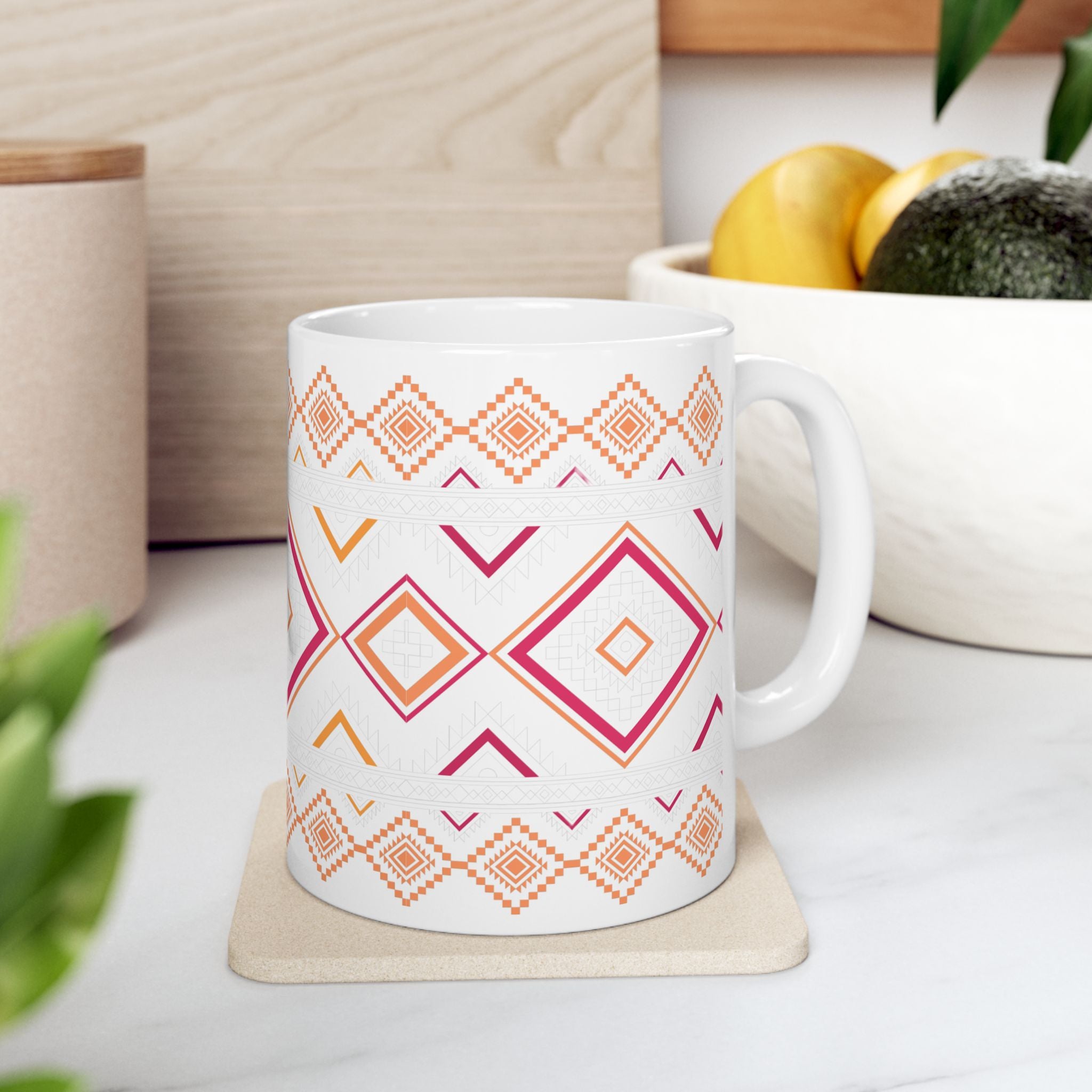 Boho Geo Pattern Ceramic Mug — Pink & Orange Tribal 11oz/15oz