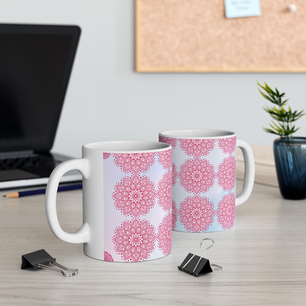 Pink Mandala Ceramic Mug — Floral Kaleidoscope Coffee Cup (11oz/15oz)