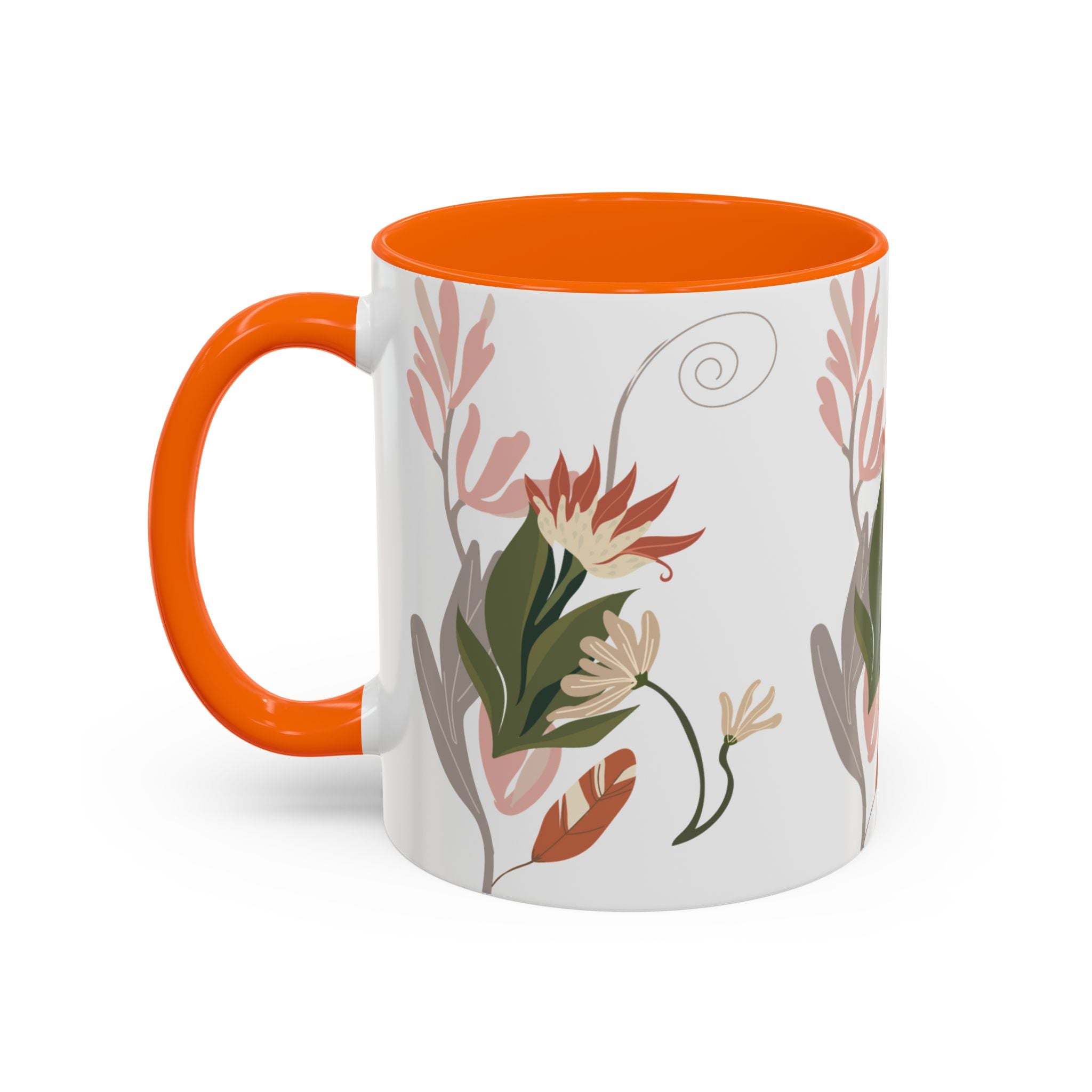 Floral Accent Coffee Mug – Botanical Pink & Green Pattern (11/15oz)