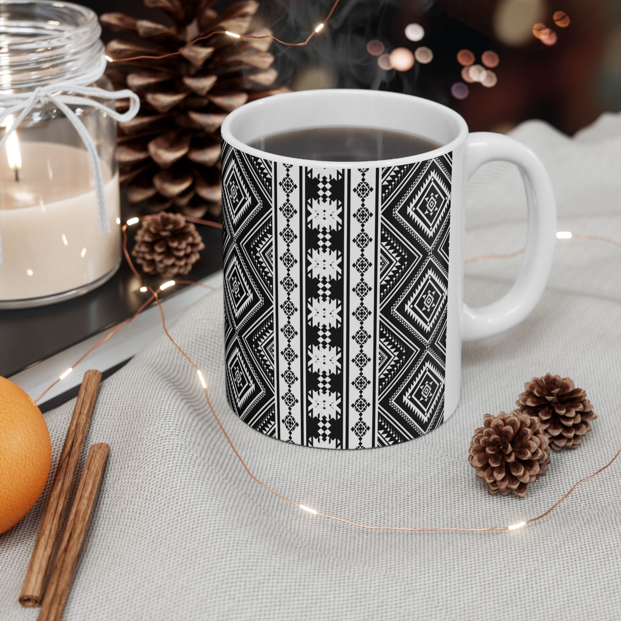 Black & White Aztec Pattern Ceramic Mug — Geometric Tribal Design (11oz/15oz)