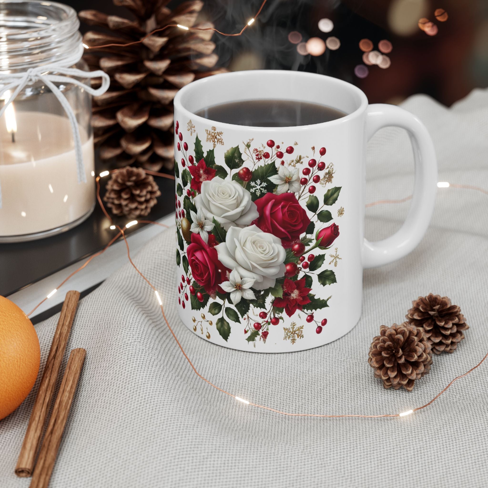 Holiday Floral Mug — Red & White Rose Christmas Coffee Cup (11oz, 15oz)