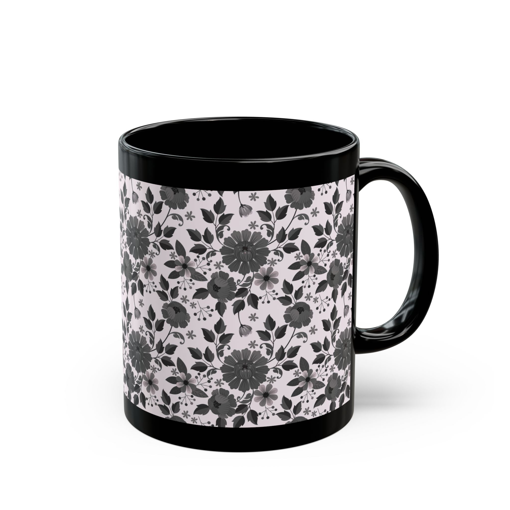 Black Floral Pattern Mug — Monochrome Vintage Flower Coffee Cup (11oz/15oz)
