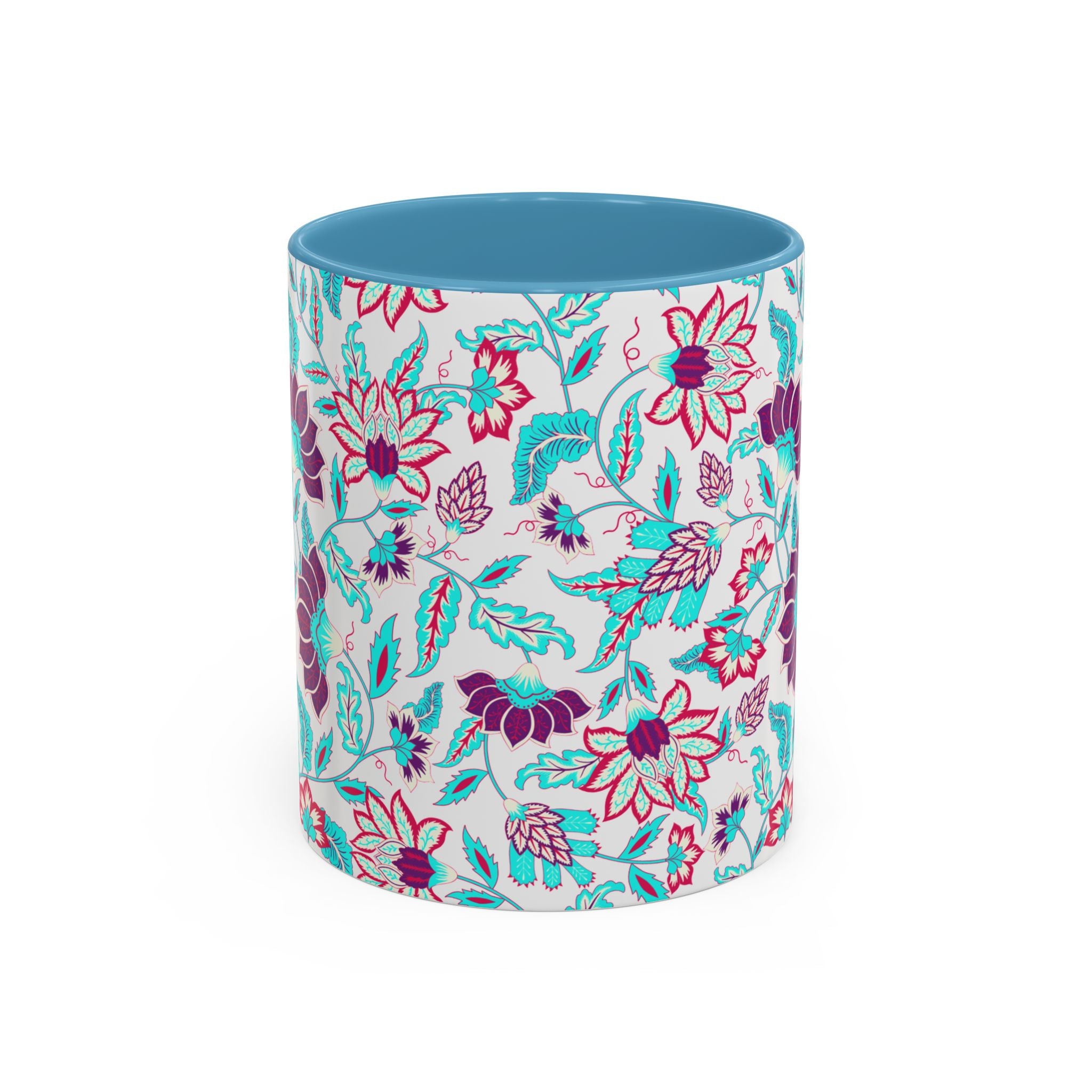 Floral Accent Coffee Mug – Teal & Magenta Patterned Ceramic Mug (11/15oz)