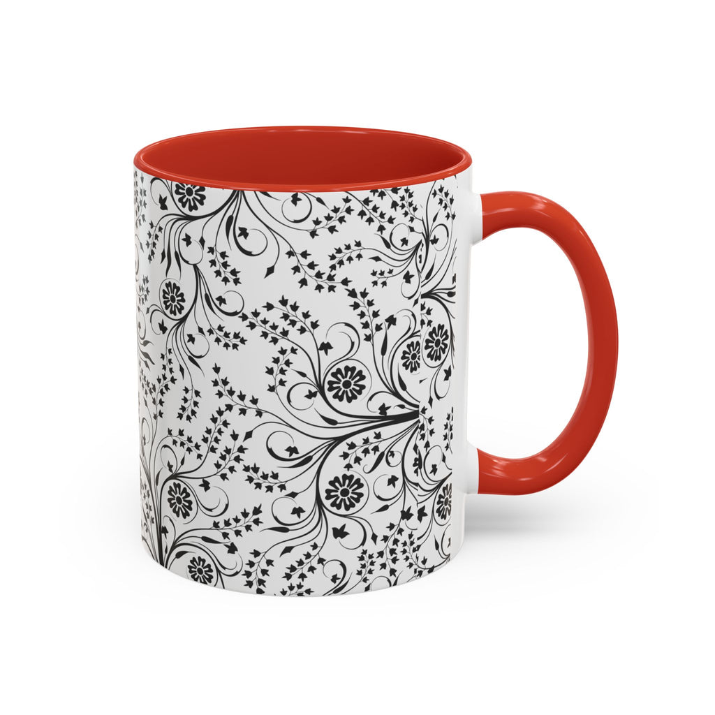 Black Floral Accent Coffee Mug — Elegant Swirl Pattern (11/15oz)