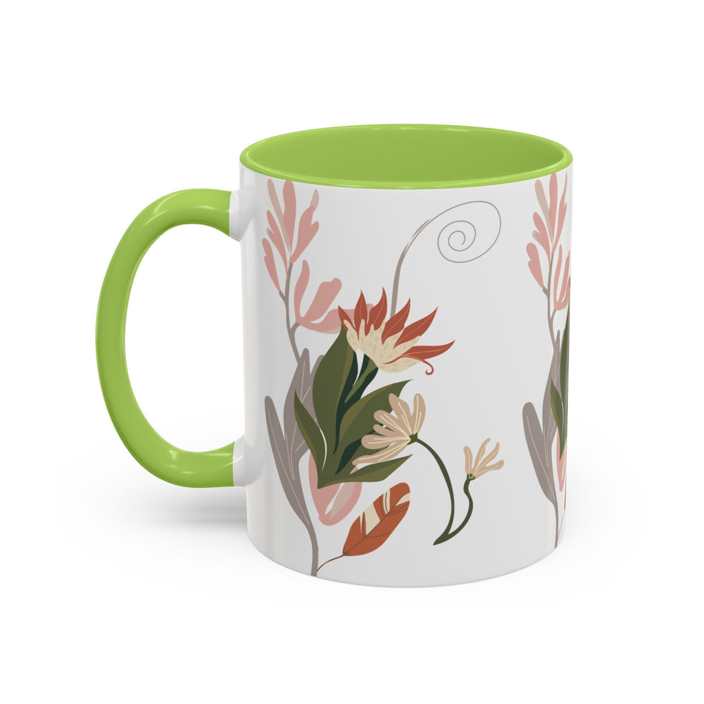 Floral Accent Coffee Mug – Botanical Pink & Green Pattern (11/15oz)
