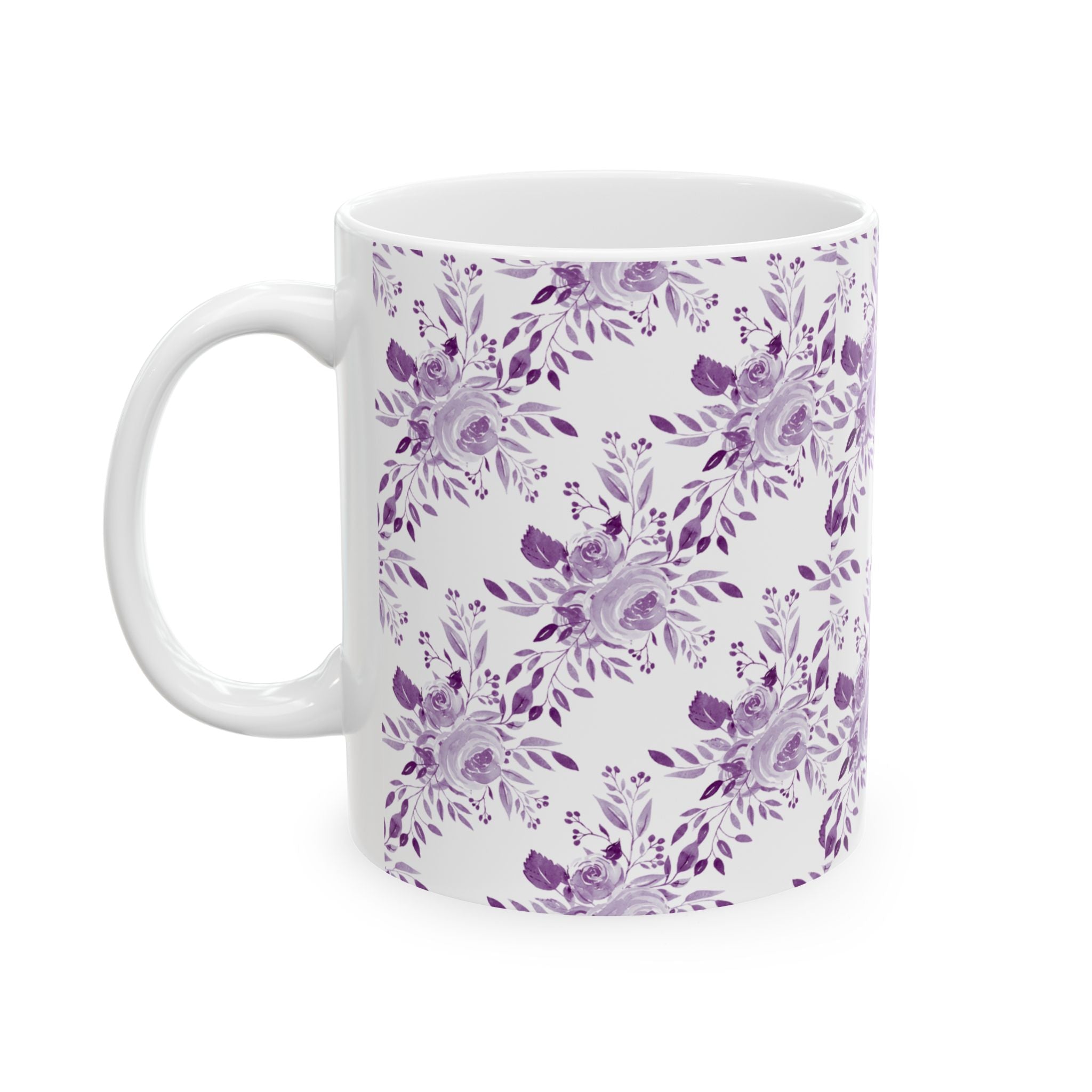 Purple Watercolor Floral Ceramic Mug — Lavender Rose Pattern (11oz & 15oz)