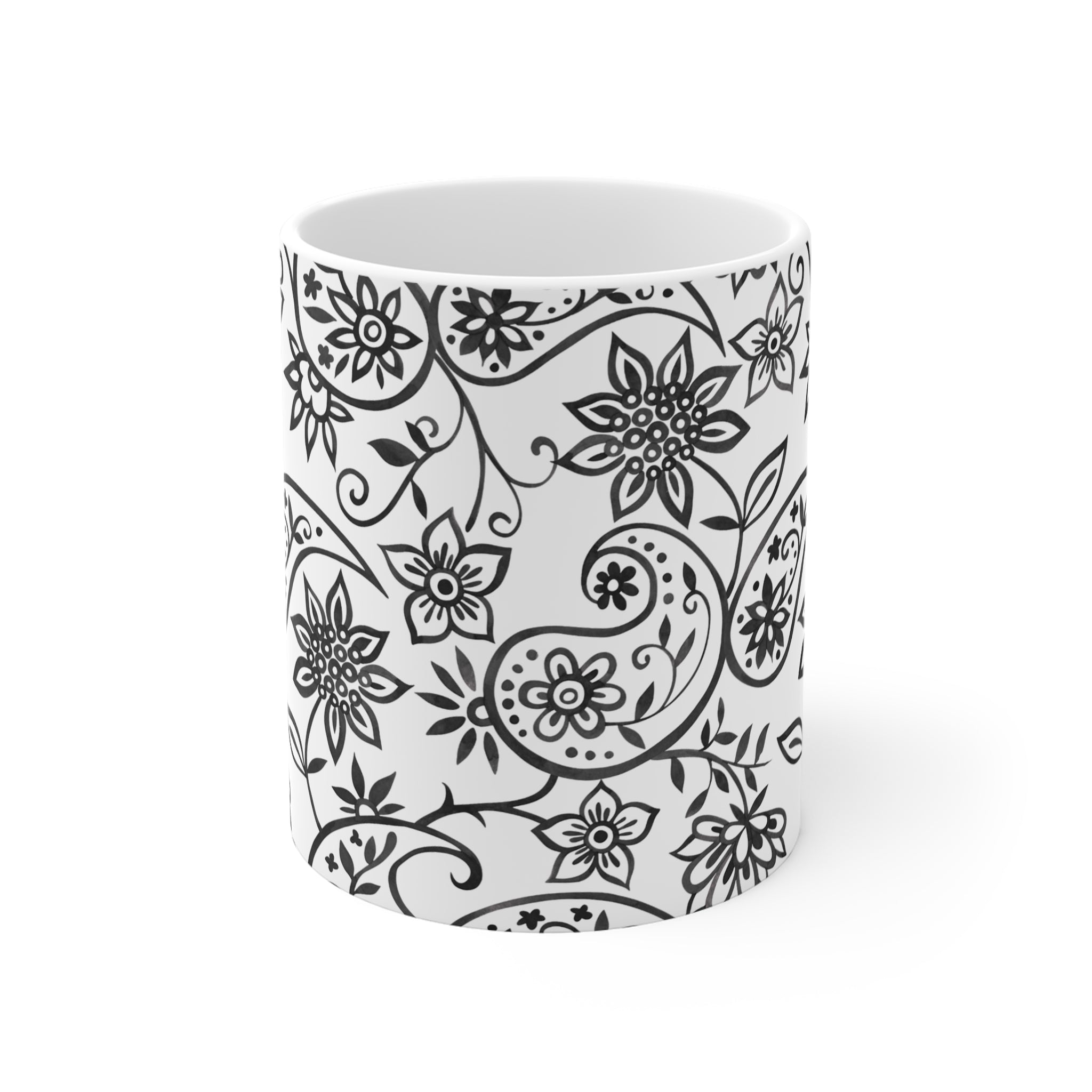 Black Paisley Floral 11oz Mug – Elegant Monochrome Tea & Coffee Cup