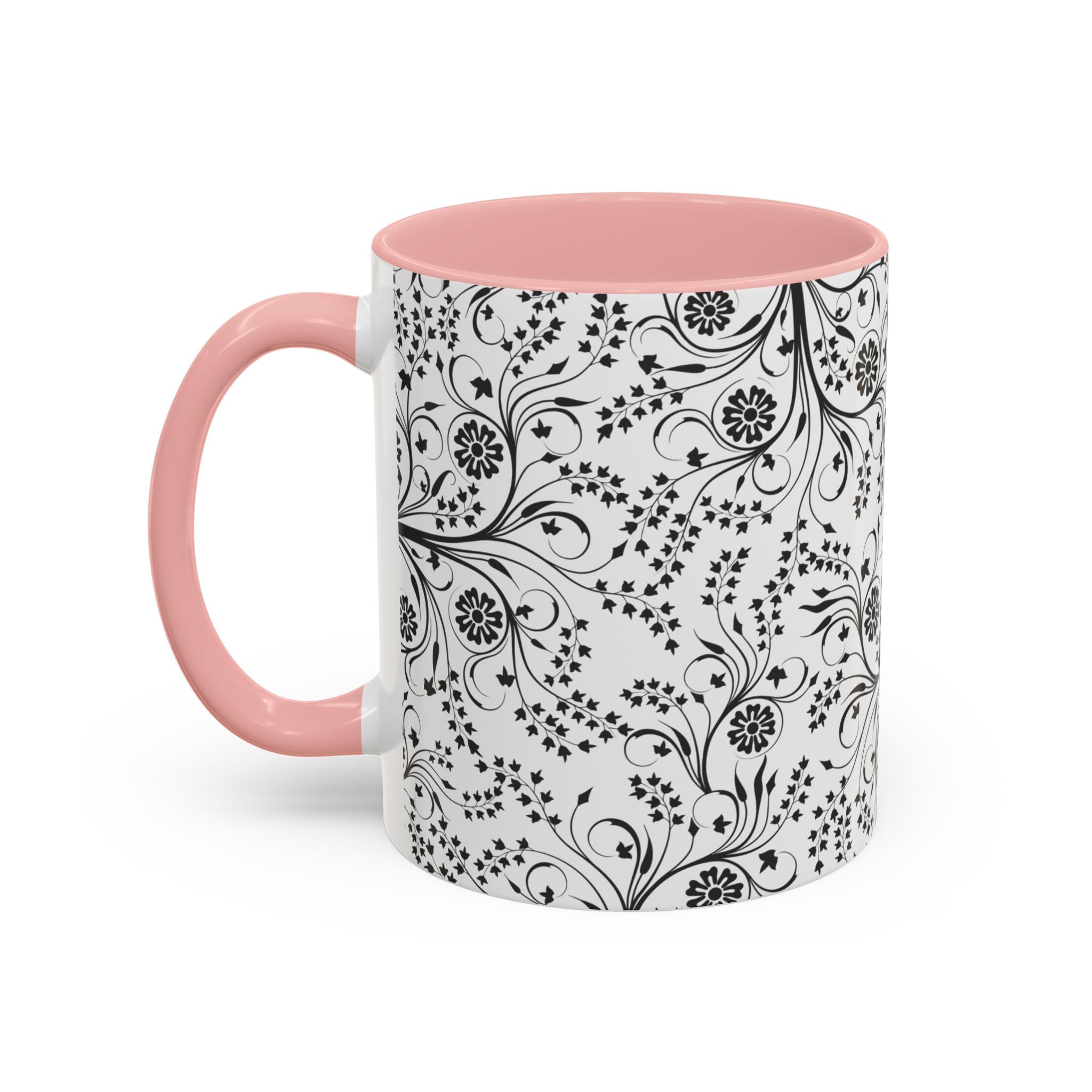 Black Floral Accent Coffee Mug — Elegant Swirl Pattern (11/15oz)