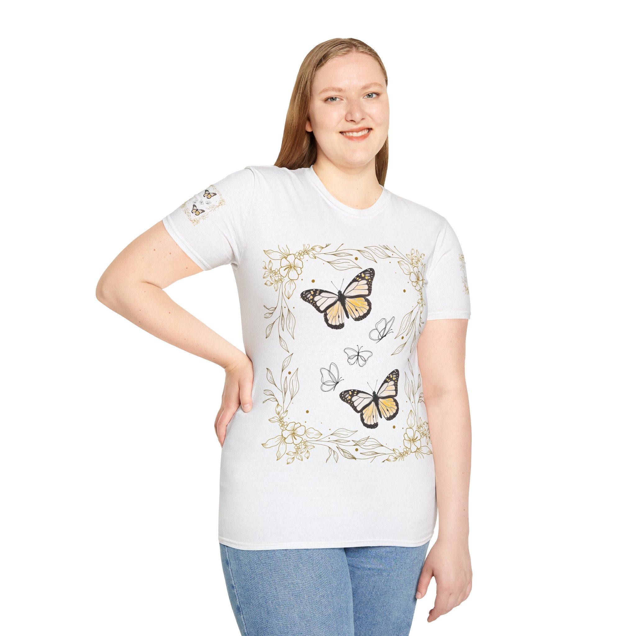 Butterfly Floral Tee — Yellow Monarch Nature Graphic T-Shirt