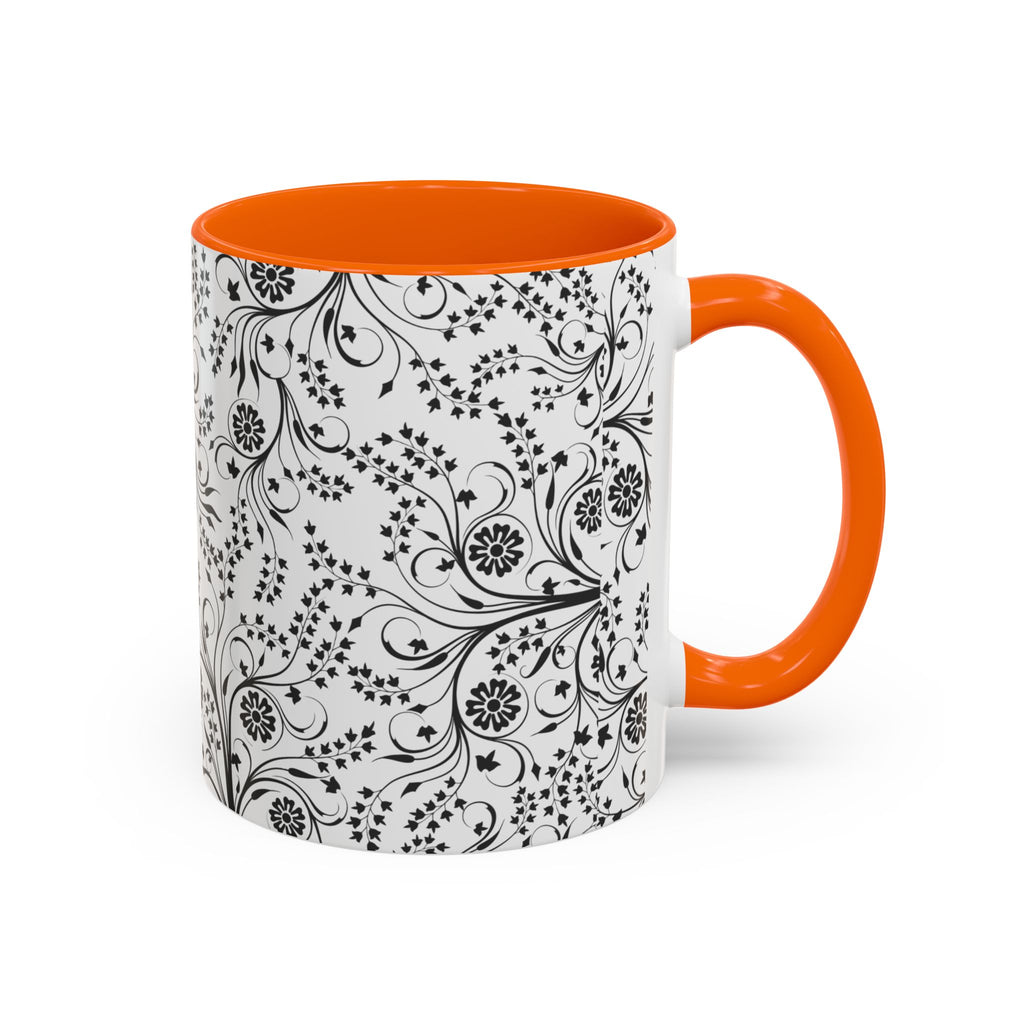 Black Floral Accent Coffee Mug — Elegant Swirl Pattern (11/15oz)