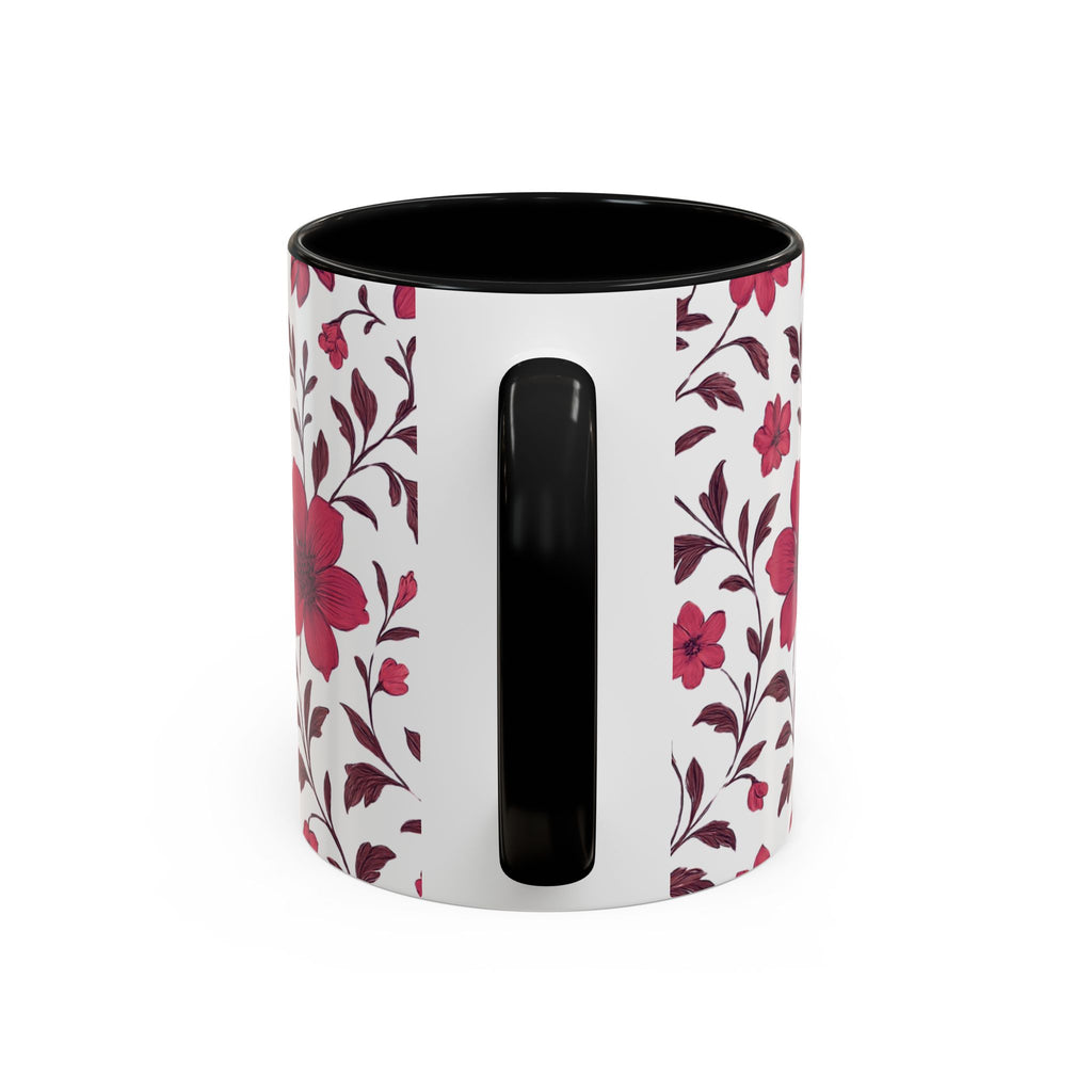 Floral Burgundy Accent Coffee Mug — Pink Blossom Pattern, 11/15oz