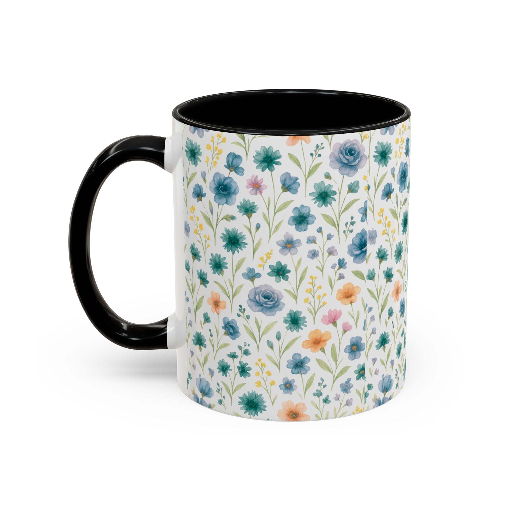 Floral Watercolor Accent Coffee Mug — Blue & Peach Wildflower Pattern (11/15oz)