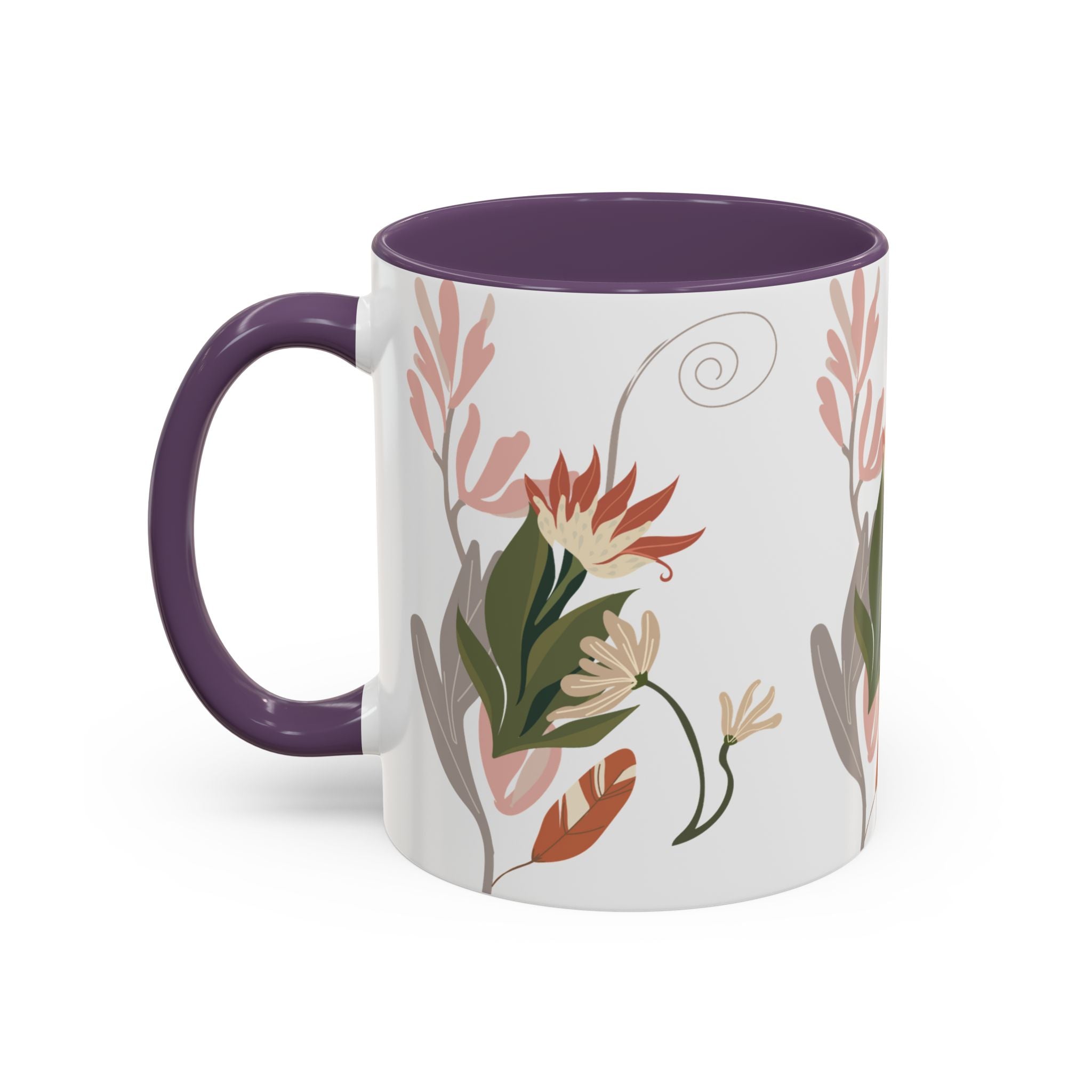 Floral Accent Coffee Mug – Botanical Pink & Green Pattern (11/15oz)