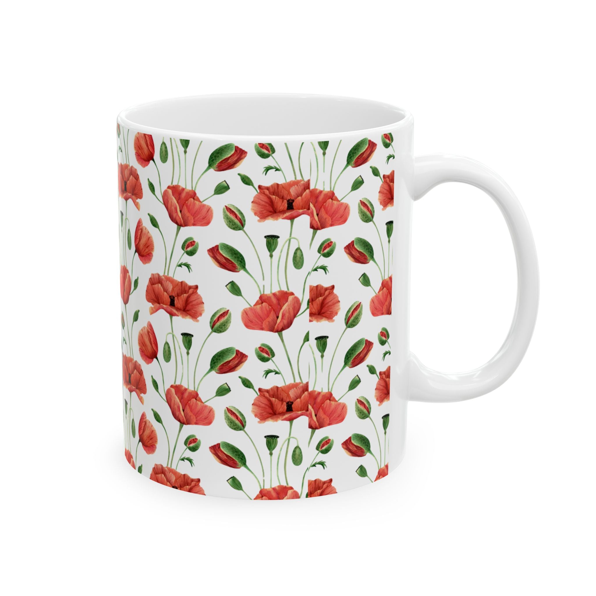 Poppy Pattern Ceramic Mug — Floral Red Poppy Coffee Cup (11oz, 15oz)