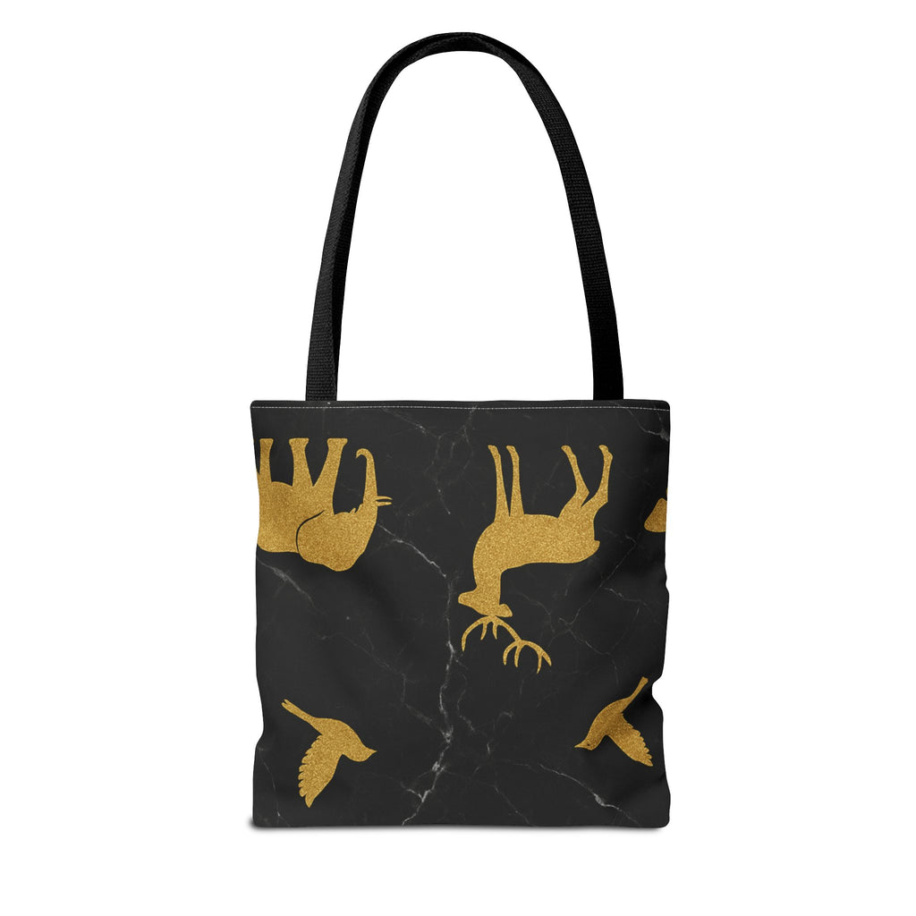 Gold Wildlife Pattern Tote Bag — Black Marble Deer & Elephant All-Over Print