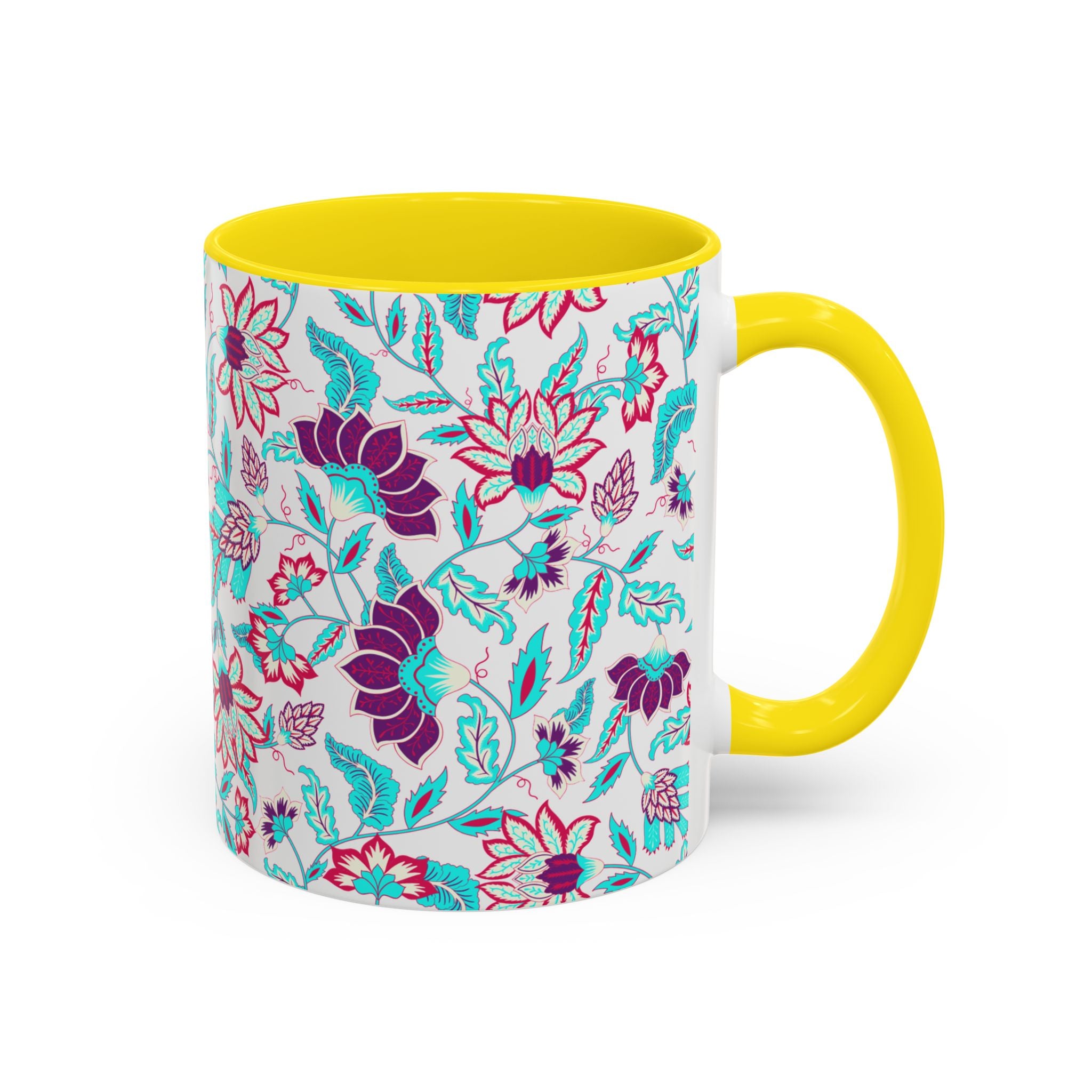 Floral Accent Coffee Mug – Teal & Magenta Patterned Ceramic Mug (11/15oz)