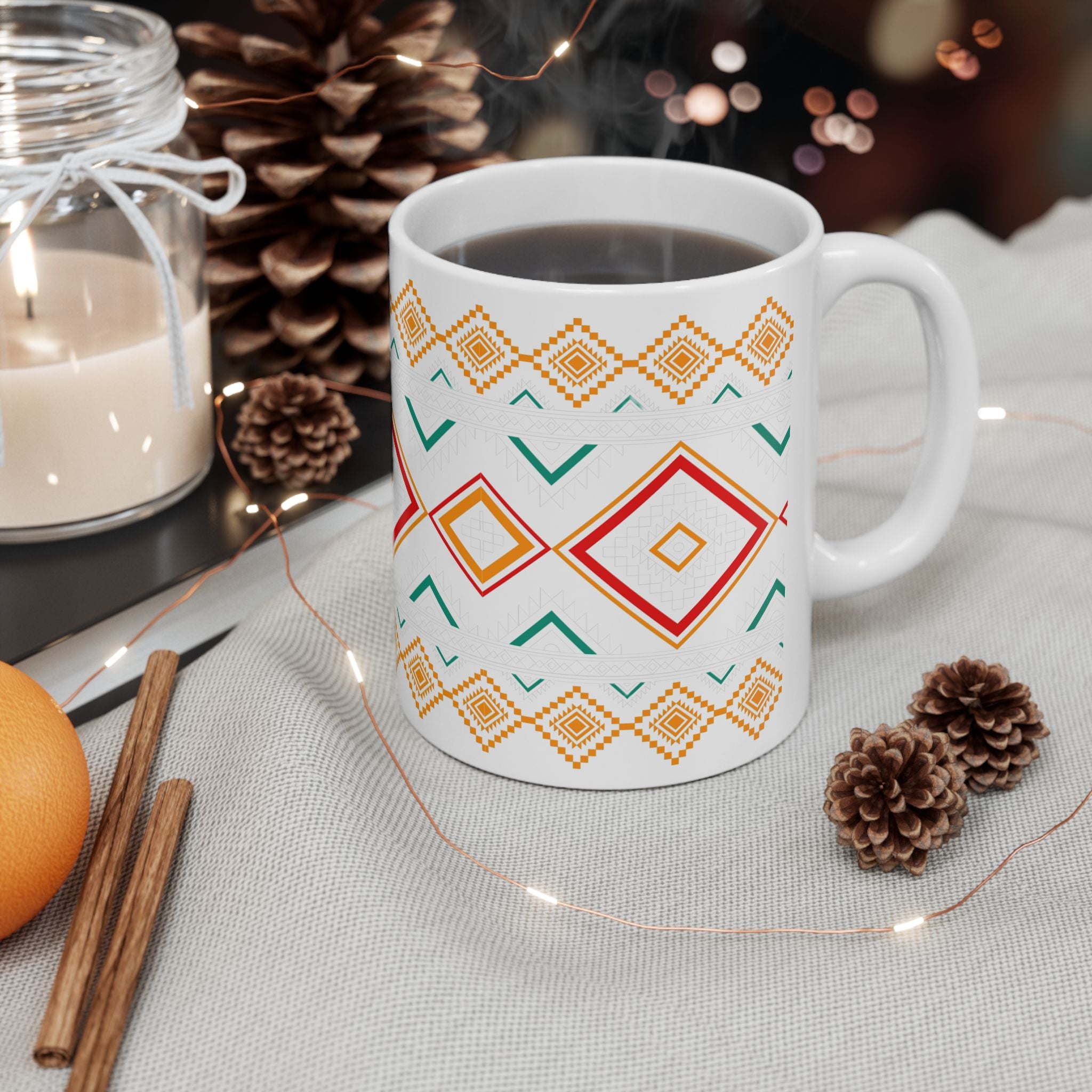 Boho Geometric Ceramic Mug – Colorful Aztec Diamond Pattern (11oz & 15oz)