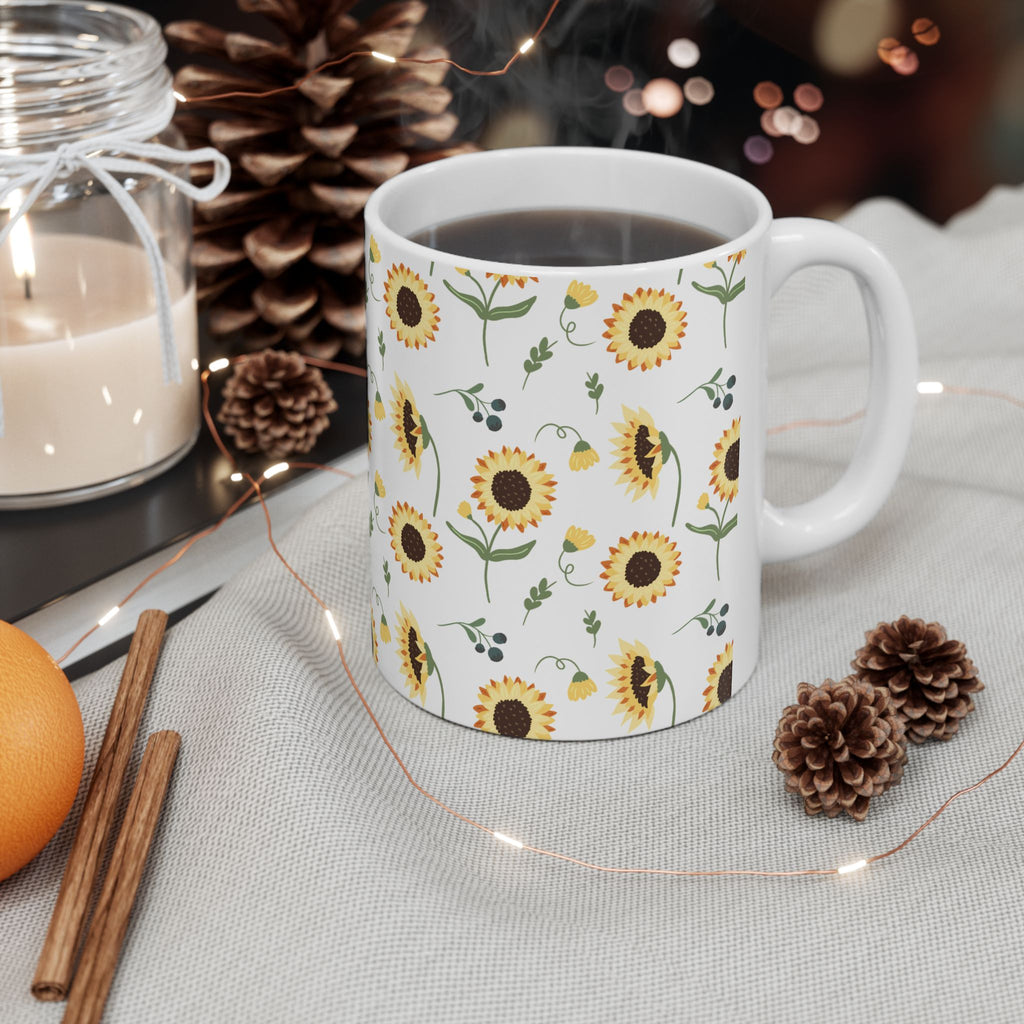 Sunflower Pattern Ceramic Mug — Floral Coffee Tea Cup (11oz, 15oz)
