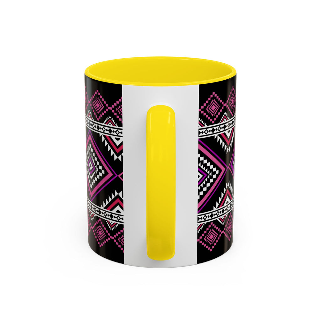 Geometric Aztec Accent Coffee Mug — Pink & Black Tribal Pattern (11/15oz)