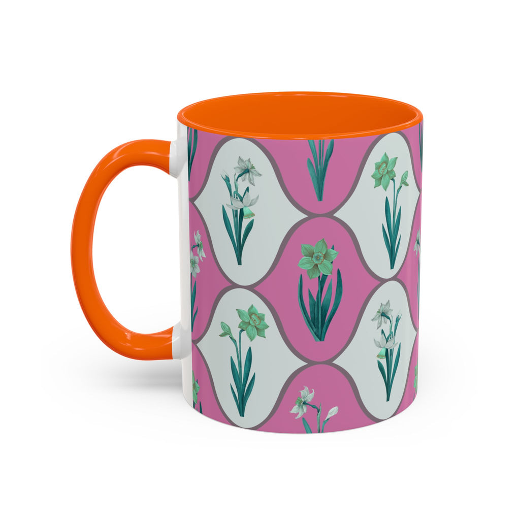Floral Wave Accent Coffee Mug – Pink Retro Daffodil Pattern (11/15oz)