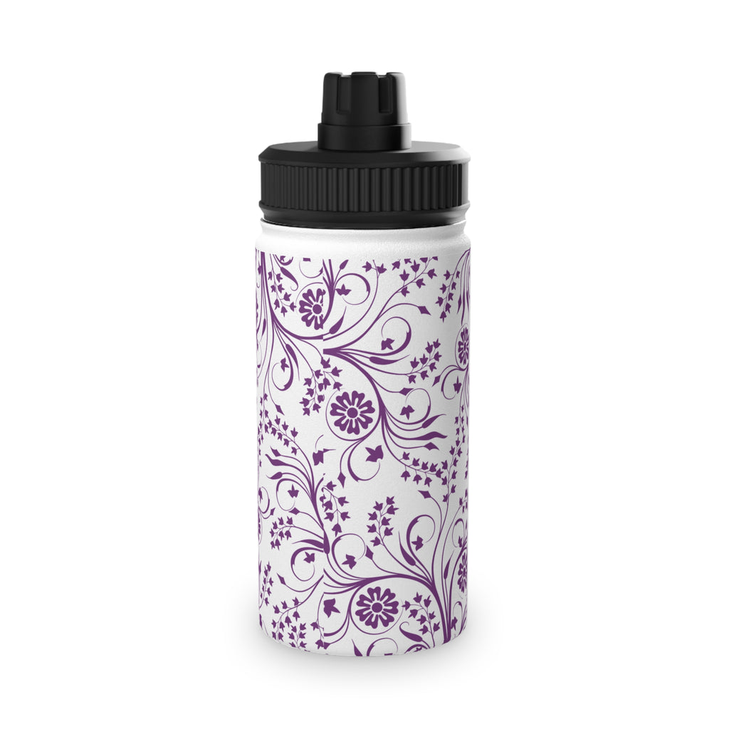 Purple Floral Swirl Stainless Steel Water Bottle with Sports Lid