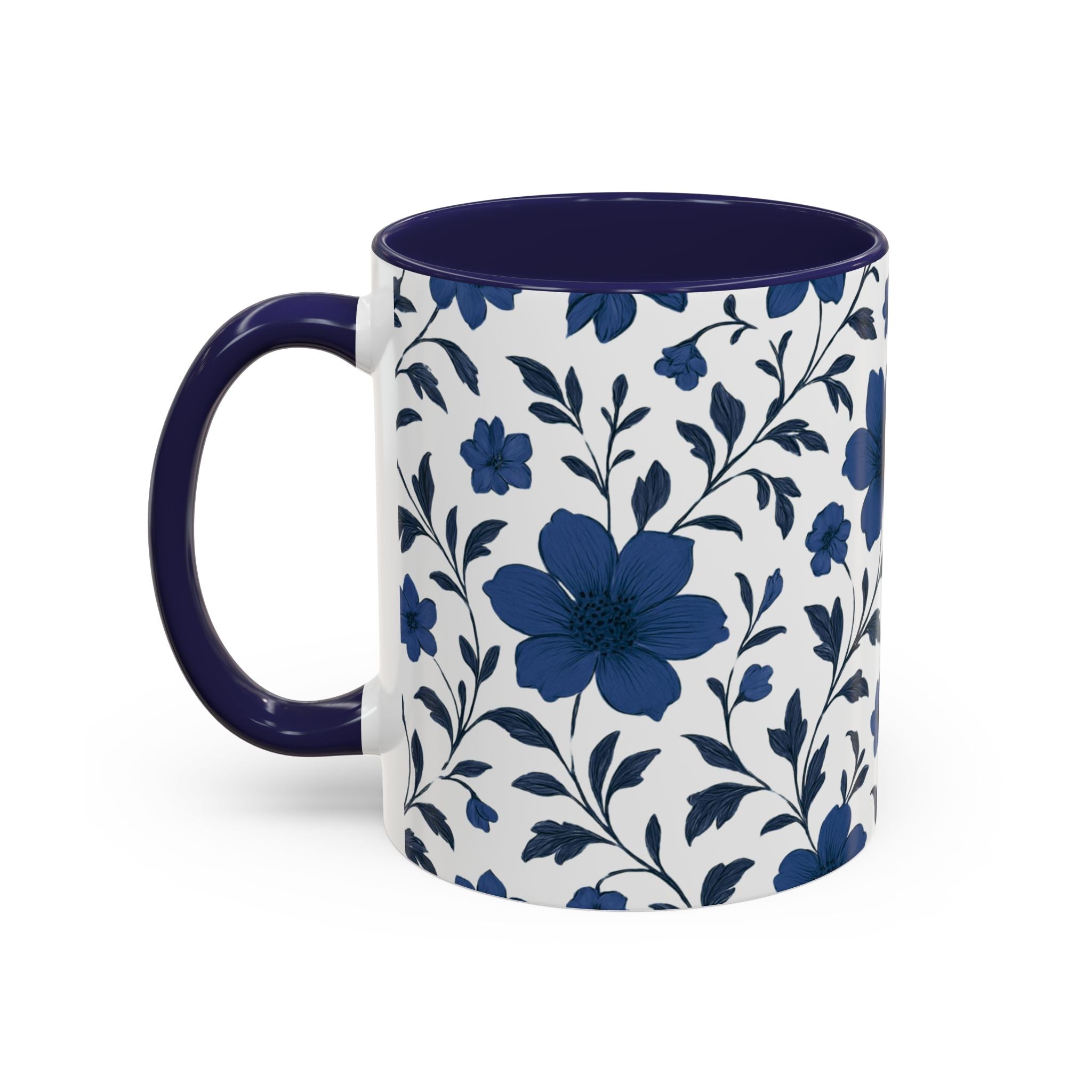Blue Floral Accent Coffee Mug — Navy Blossom Pattern (11/15 oz)