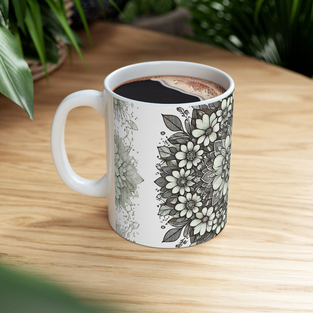 Floral Mandala Ceramic Mug — Green Succulent Pattern (11oz & 15oz)