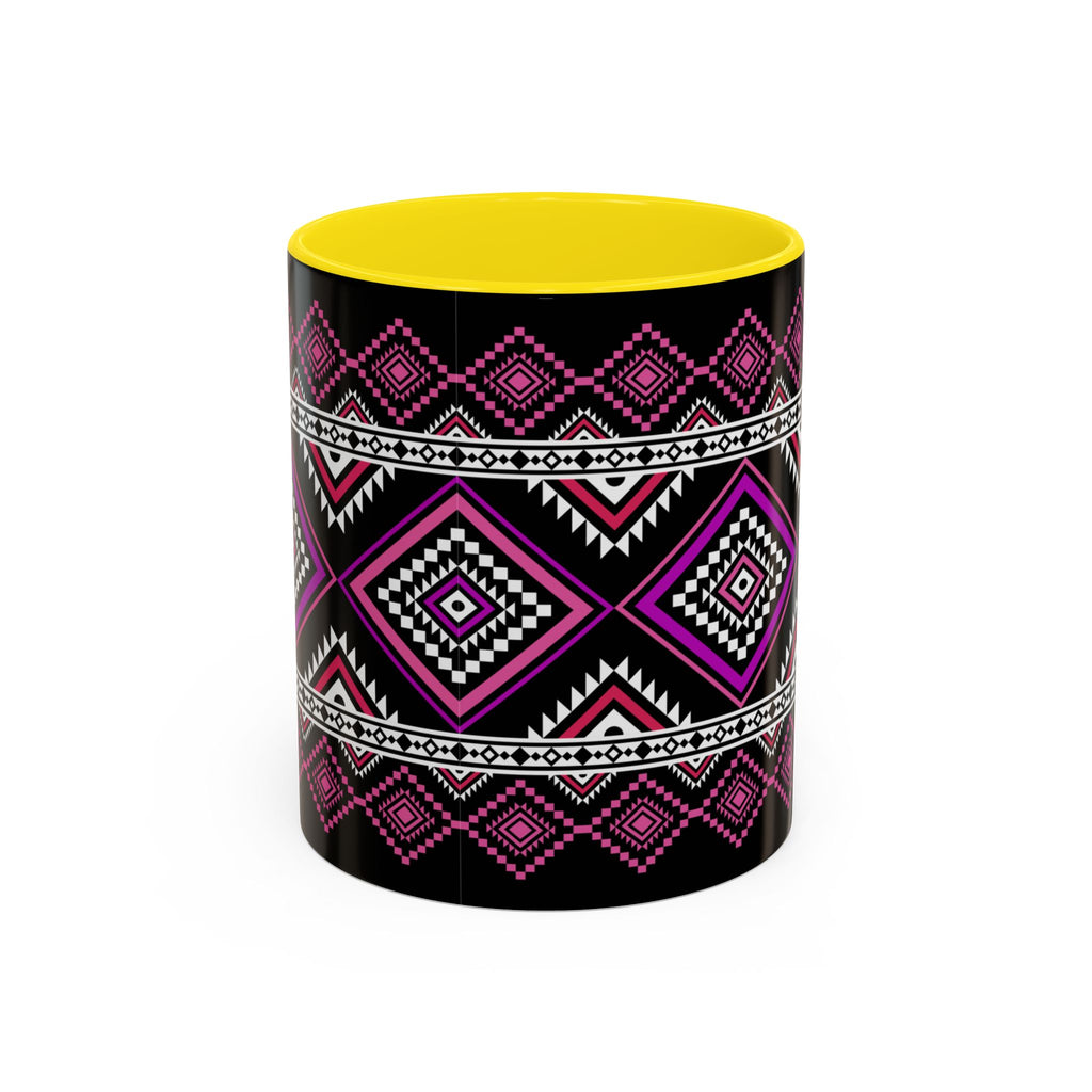 Geometric Aztec Accent Coffee Mug — Pink & Black Tribal Pattern (11/15oz)