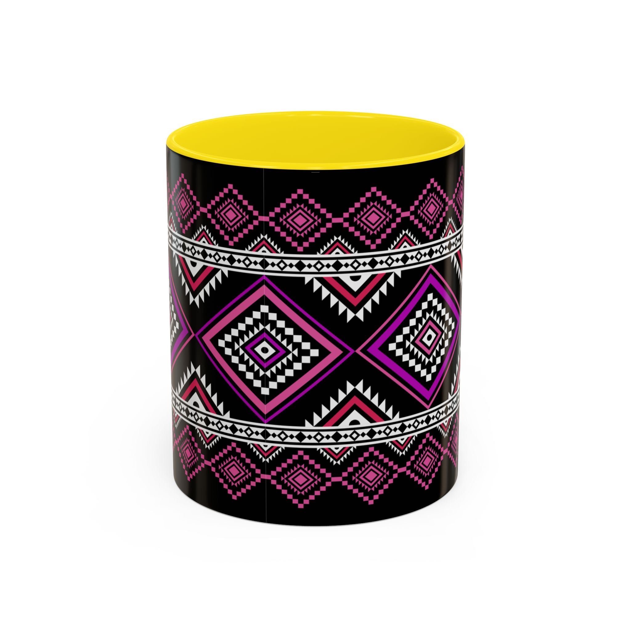 Geometric Aztec Accent Coffee Mug — Pink & Black Tribal Pattern (11/15oz)