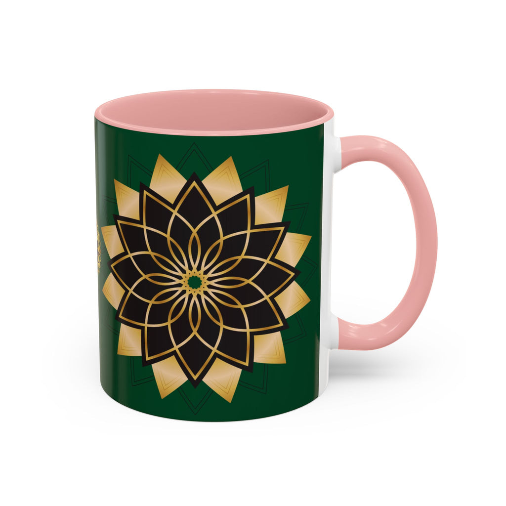 Gold Mandala Accent Coffee Mug — Elegant Green & Black Ceramic 11/15oz