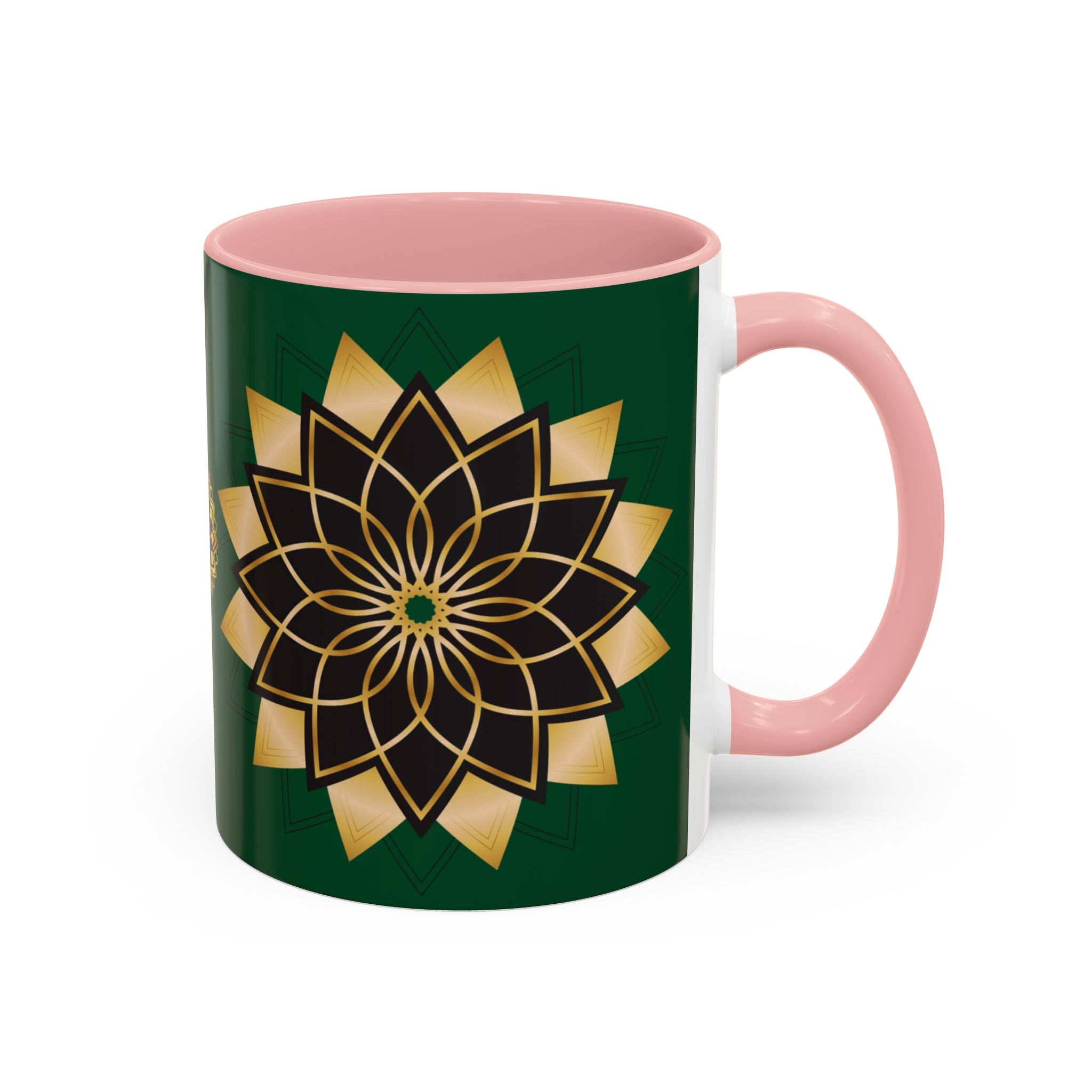 Gold Mandala Accent Coffee Mug — Elegant Green & Black Ceramic 11/15oz