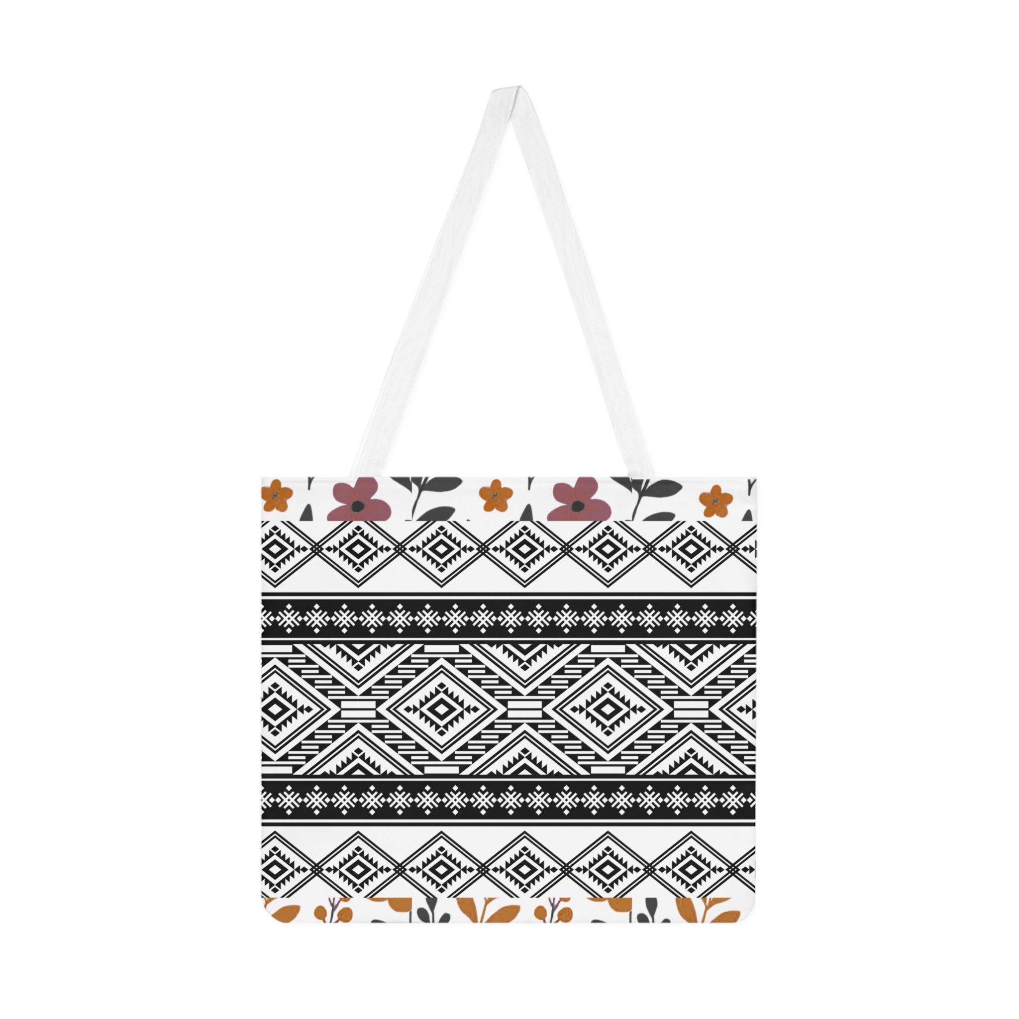 Boho Geometric Shoulder Tote - Tribal Black & White Pattern Canvas Bag