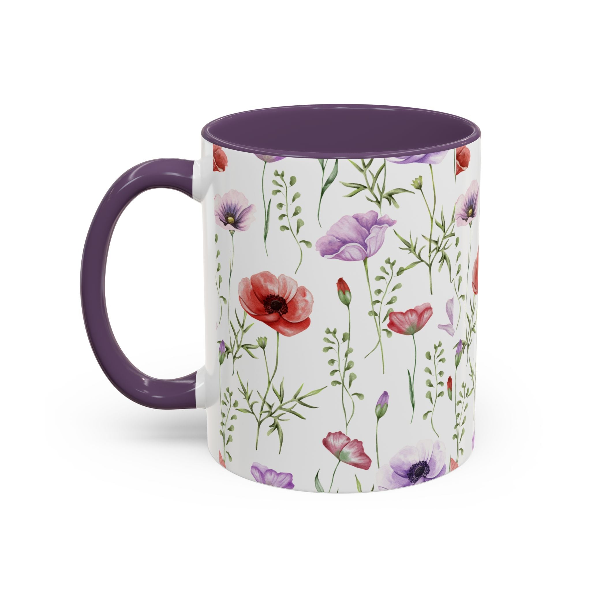 Floral Watercolor Accent Coffee Mug — Poppy & Wildflower Pattern (11/15oz)