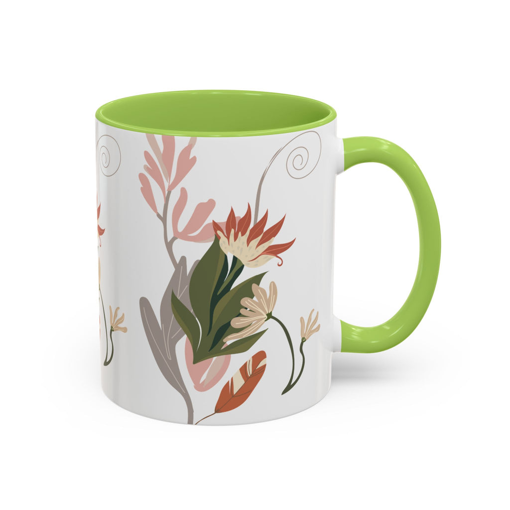 Floral Accent Coffee Mug – Botanical Pink & Green Pattern (11/15oz)