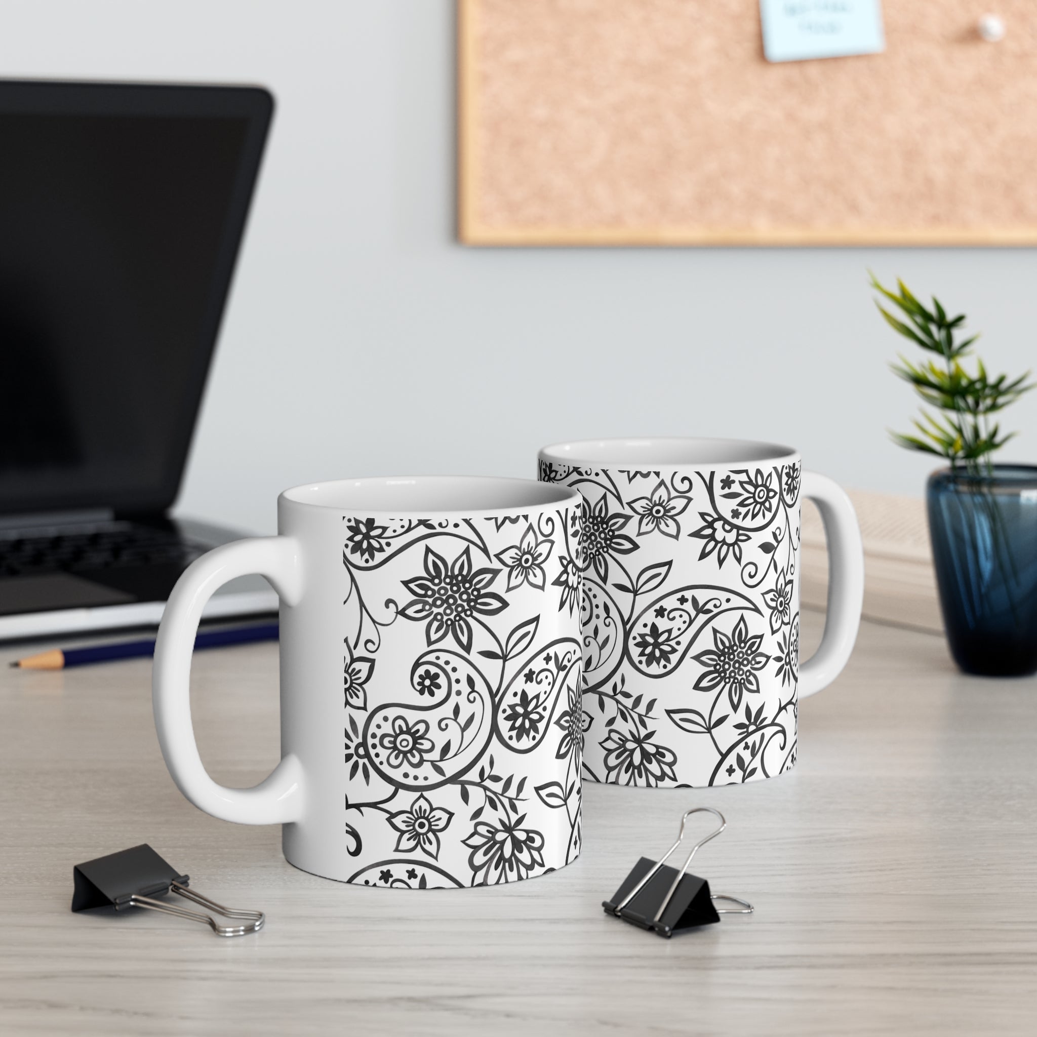 Black Paisley Floral 11oz Mug – Elegant Monochrome Tea & Coffee Cup