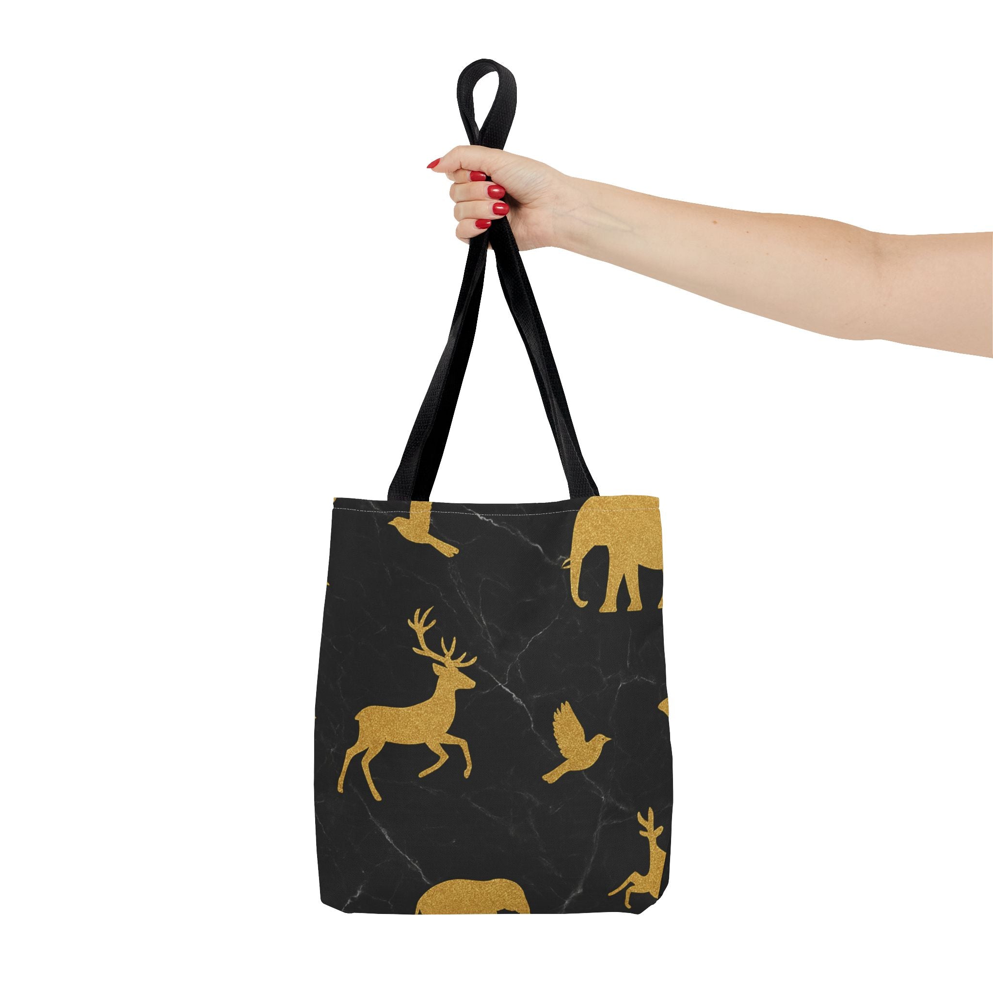 Gold Wildlife Pattern Tote Bag — Black Marble Deer & Elephant All-Over Print