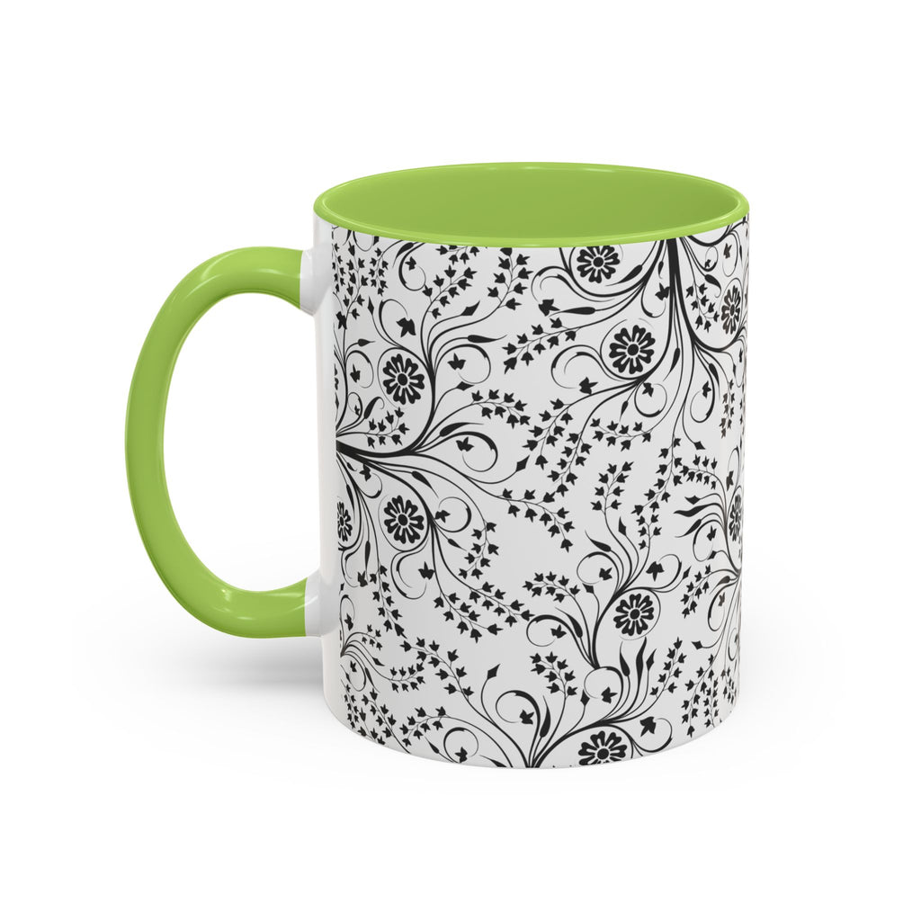 Black Floral Accent Coffee Mug — Elegant Swirl Pattern (11/15oz)