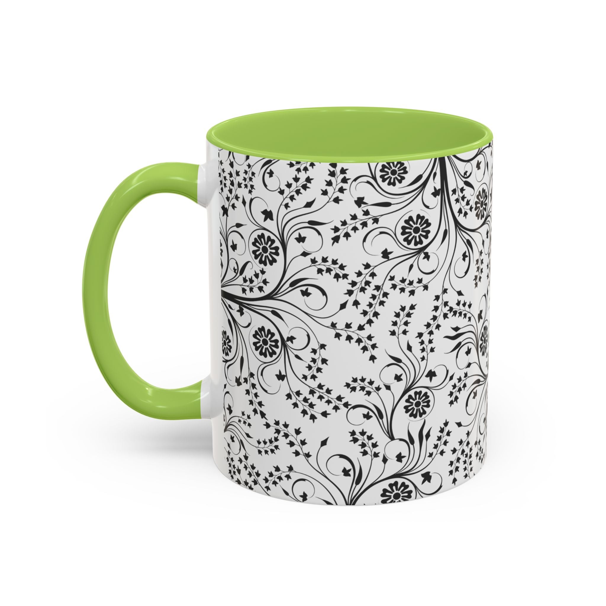 Black Floral Accent Coffee Mug — Elegant Swirl Pattern (11/15oz)