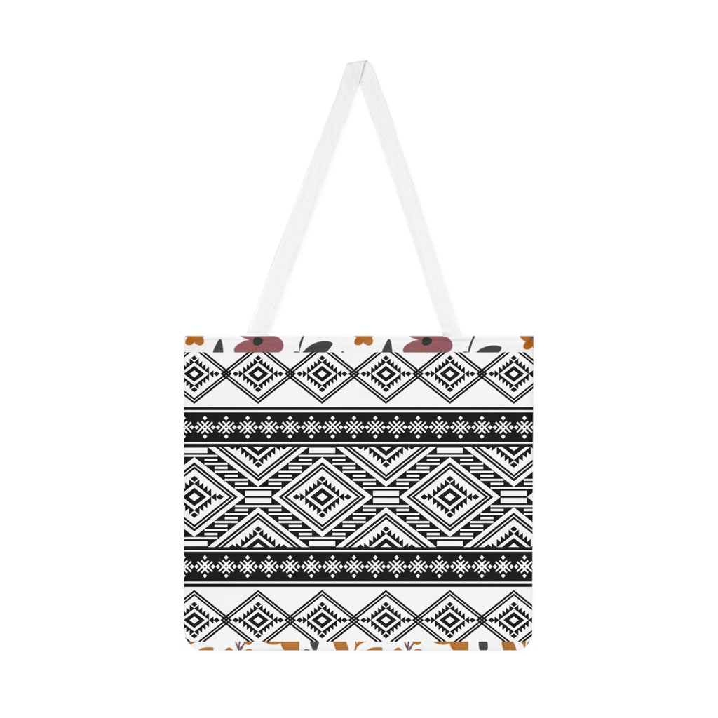 Boho Geometric Shoulder Tote - Tribal Black & White Pattern Canvas Bag