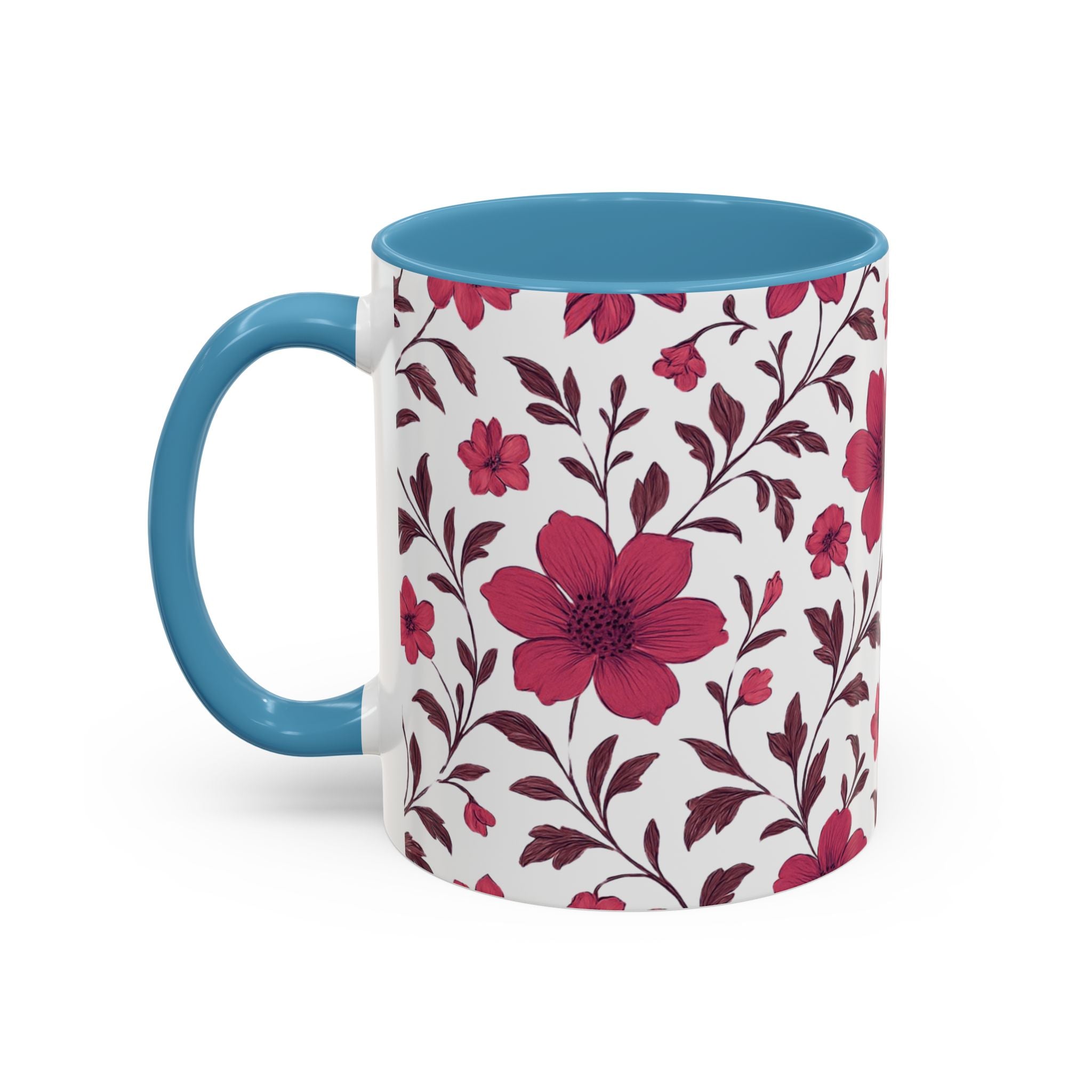 Floral Burgundy Accent Coffee Mug — Pink Blossom Pattern, 11/15oz