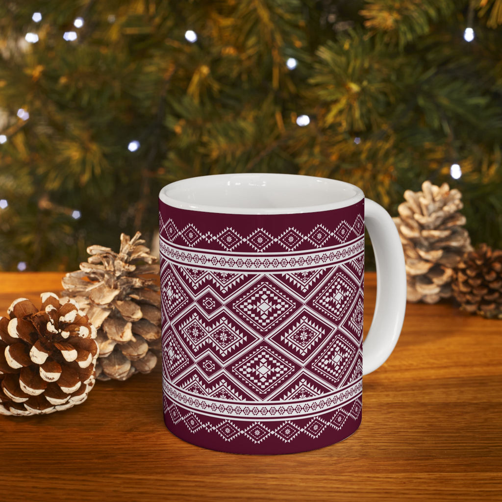 Maroon Nordic Pattern Ceramic Mug — Cozy Scandinavian Knit Design (11oz & 15oz)