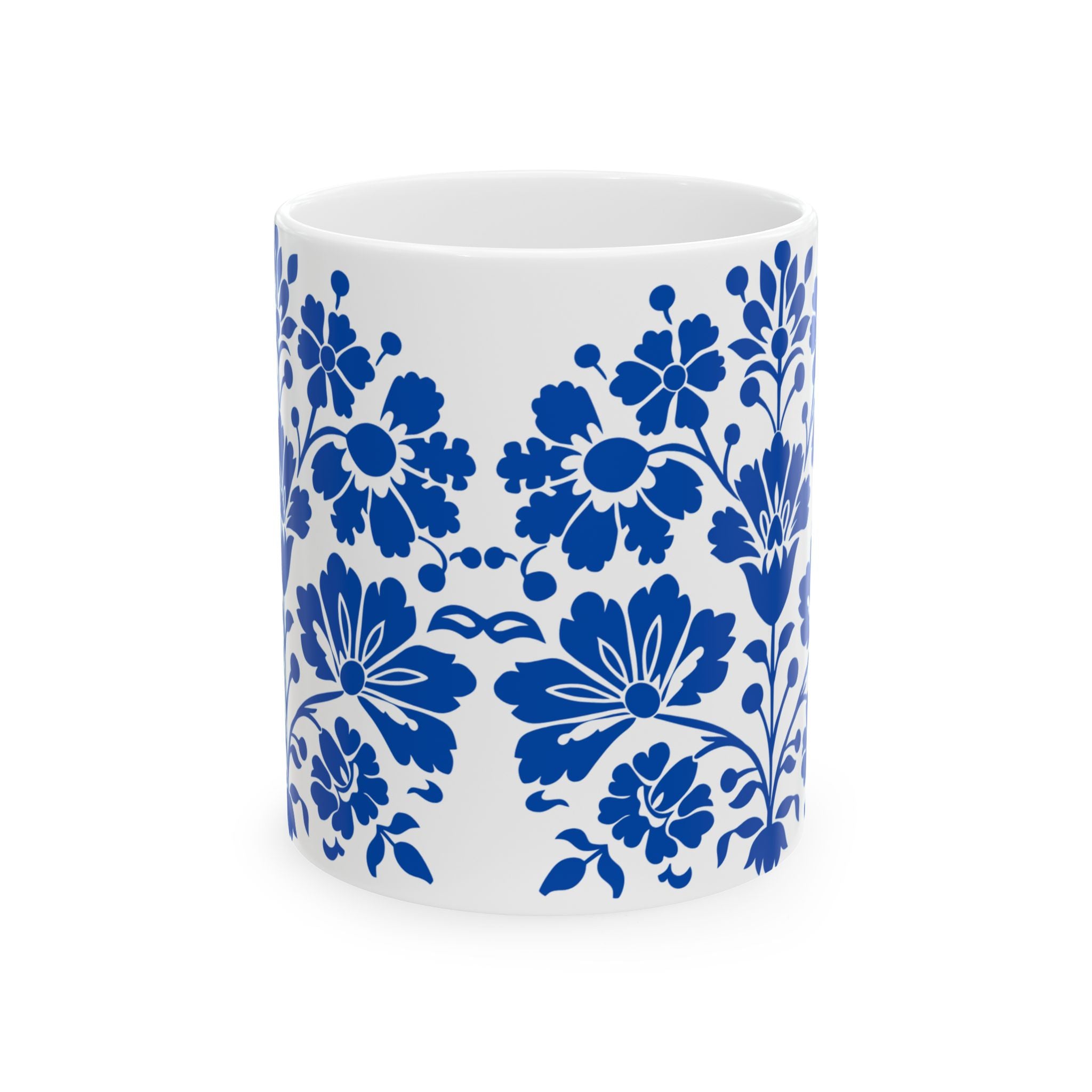 Blue Floral Ceramic Mug — Classic Delft-Style 11oz & 15oz Coffee Cup