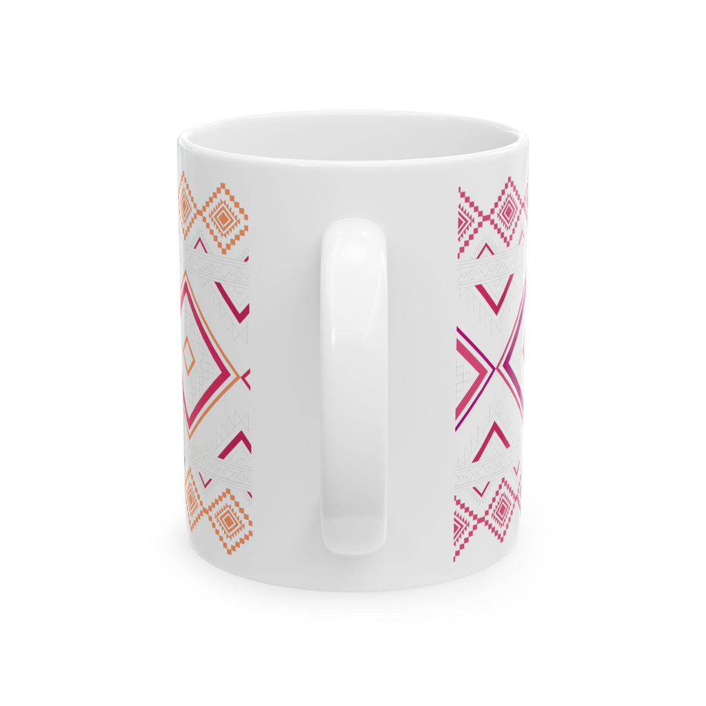 Boho Geo Pattern Ceramic Mug — Pink & Orange Tribal 11oz/15oz