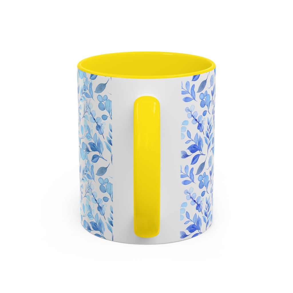 Blue Watercolor Floral Coffee Mug — Accent Handle & Interior