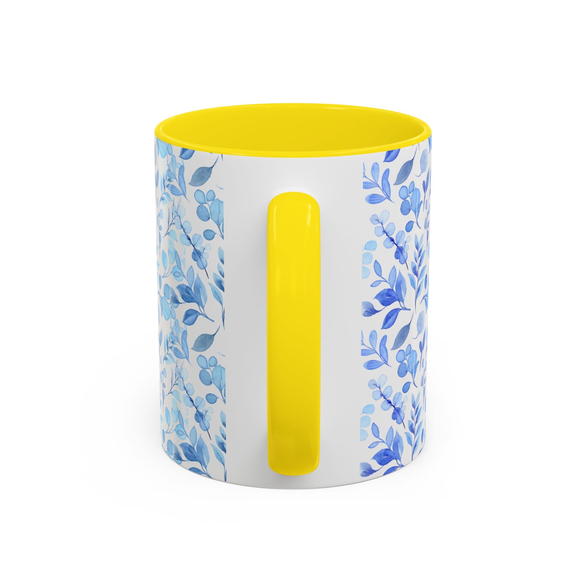 Blue Watercolor Floral Coffee Mug — Accent Handle & Interior