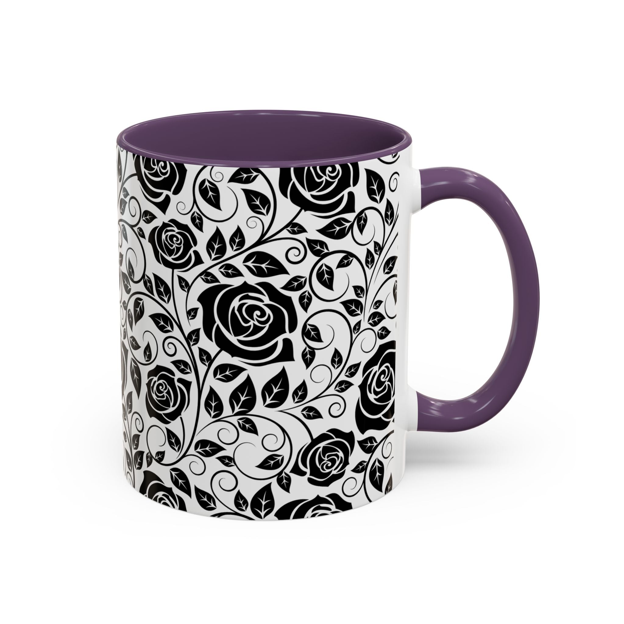 Black Rose Pattern Accent Coffee Mug — 11/15oz Ceramic Gift